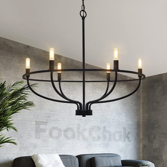 **FookChak 6-Light Farmhouse Black Chandelier, Metal Candle Dining Room Light Fixture for Kitchen, Living Room, Bedroom, Entryway, 28.54in**
