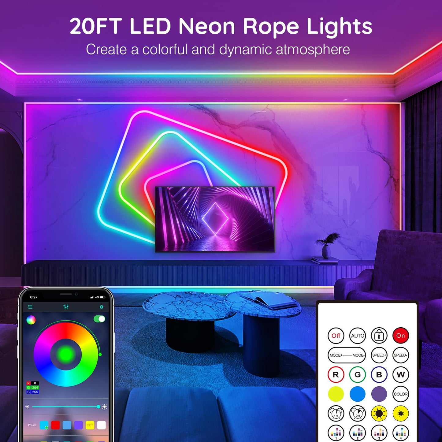 AILBTON 20Ft RGB Neon Rope Lights, Flexible LED Strip with App & Remote, Music Sync, Multiple Modes, Gaming, Bedroom & Outdoor Use
