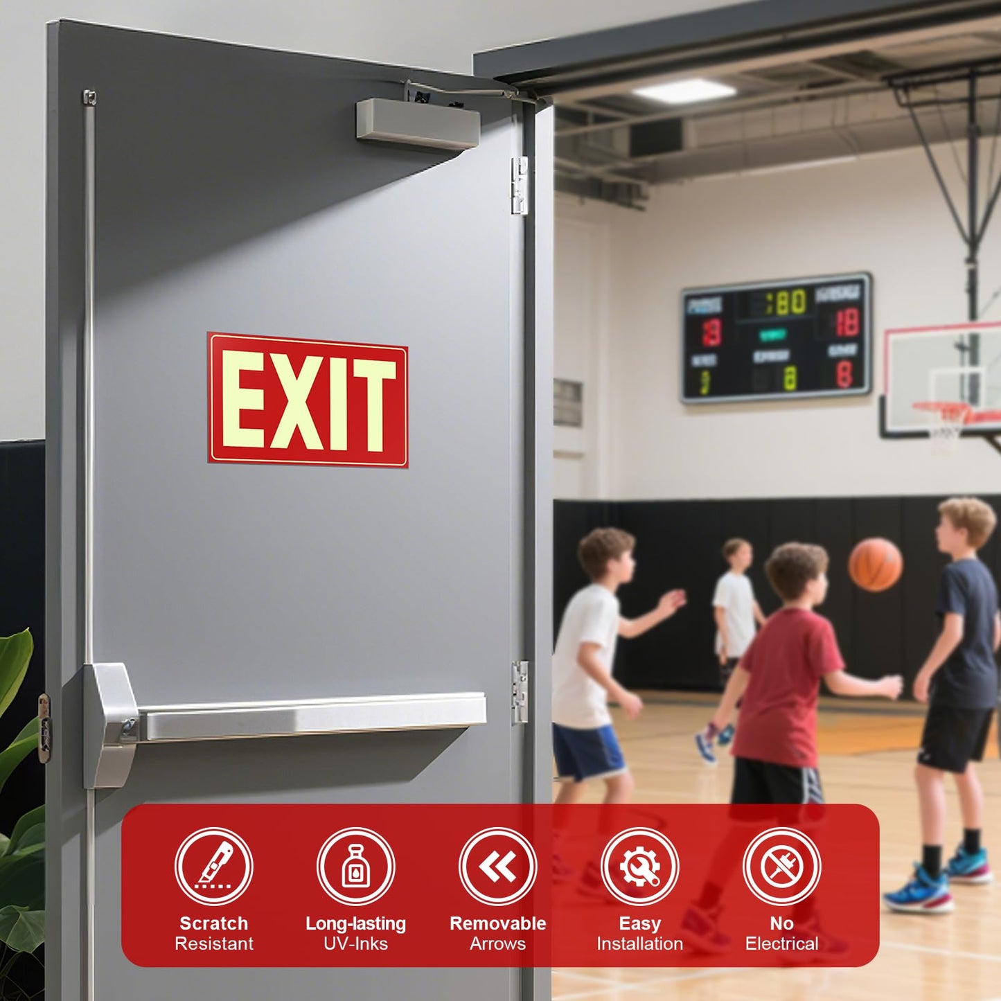 Glow-in-the-Dark Emergency Exit Signs, Self-Adhesive 12x7", Red Photoluminescent, UV Protected, Tear & Scratch Resistant PVC (2 Pack)