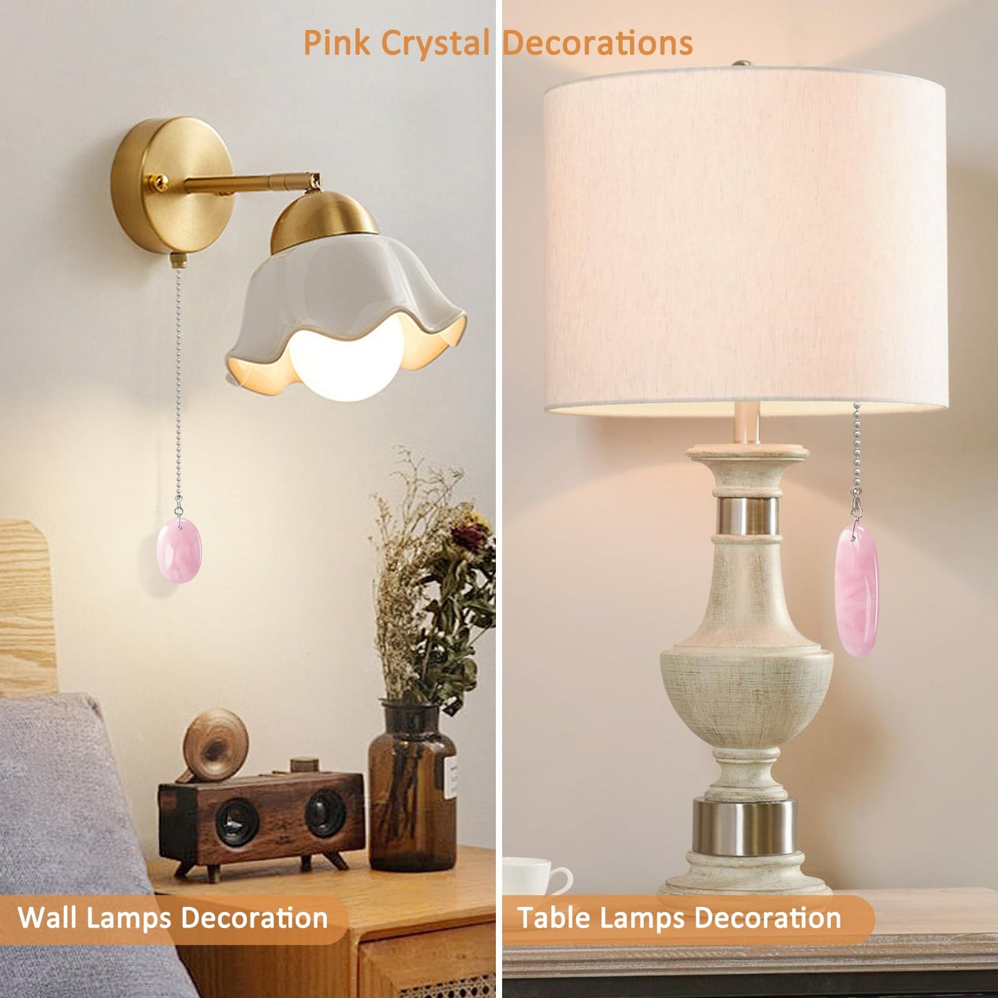 LEFERS Ceiling Fan Pull Chain, 2 Pieces Natural Gemstone Pendants with 12" Ceiling Fan Chain Extender and Connector (Rose Quartz)