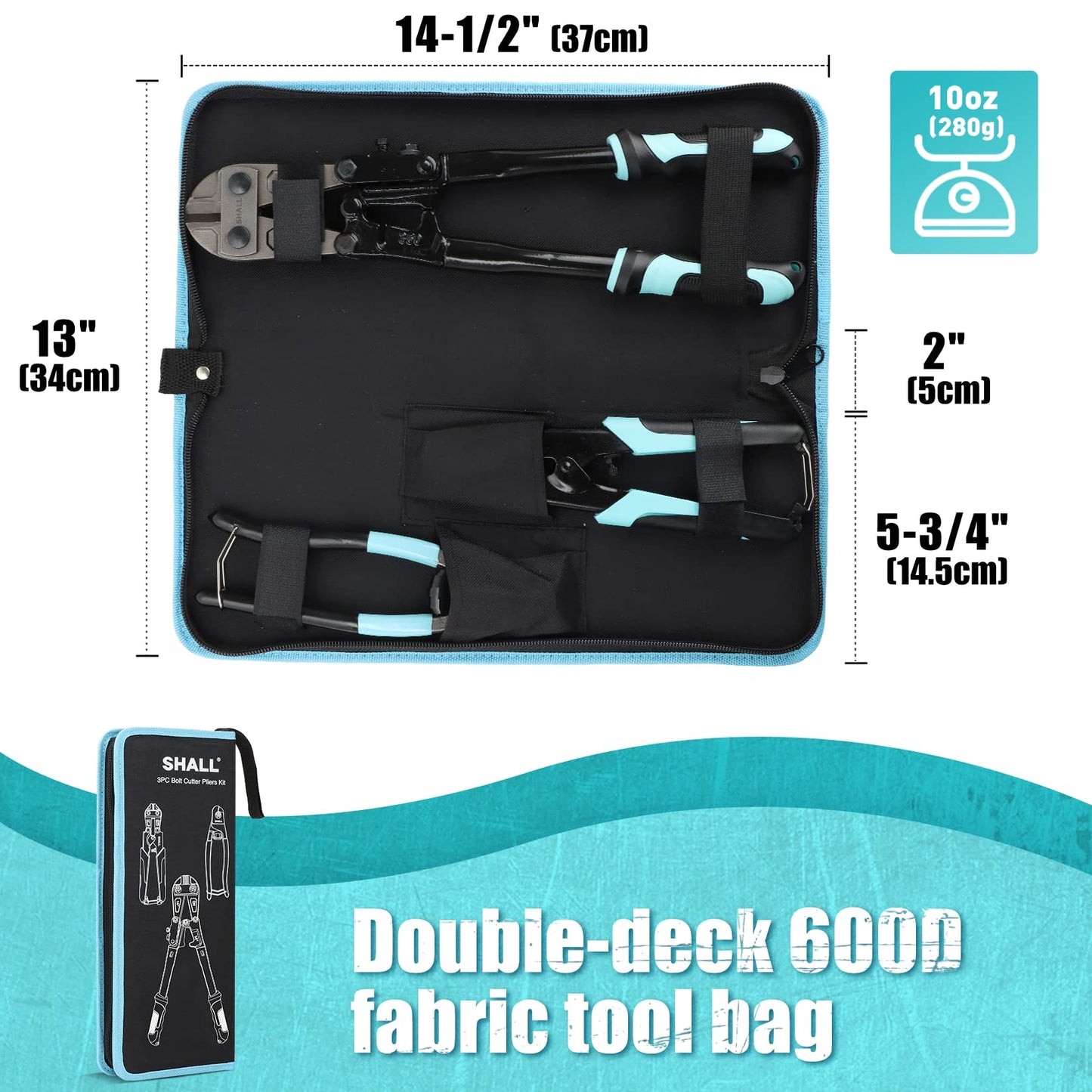 SHALL 3‑Piece Bolt Cutter Set: 14" Heavy Duty Bolt Cutter, 8" Mini Cutter & 8" Wire Rope Cutter with Ergonomic Handles, Carrying Case Included