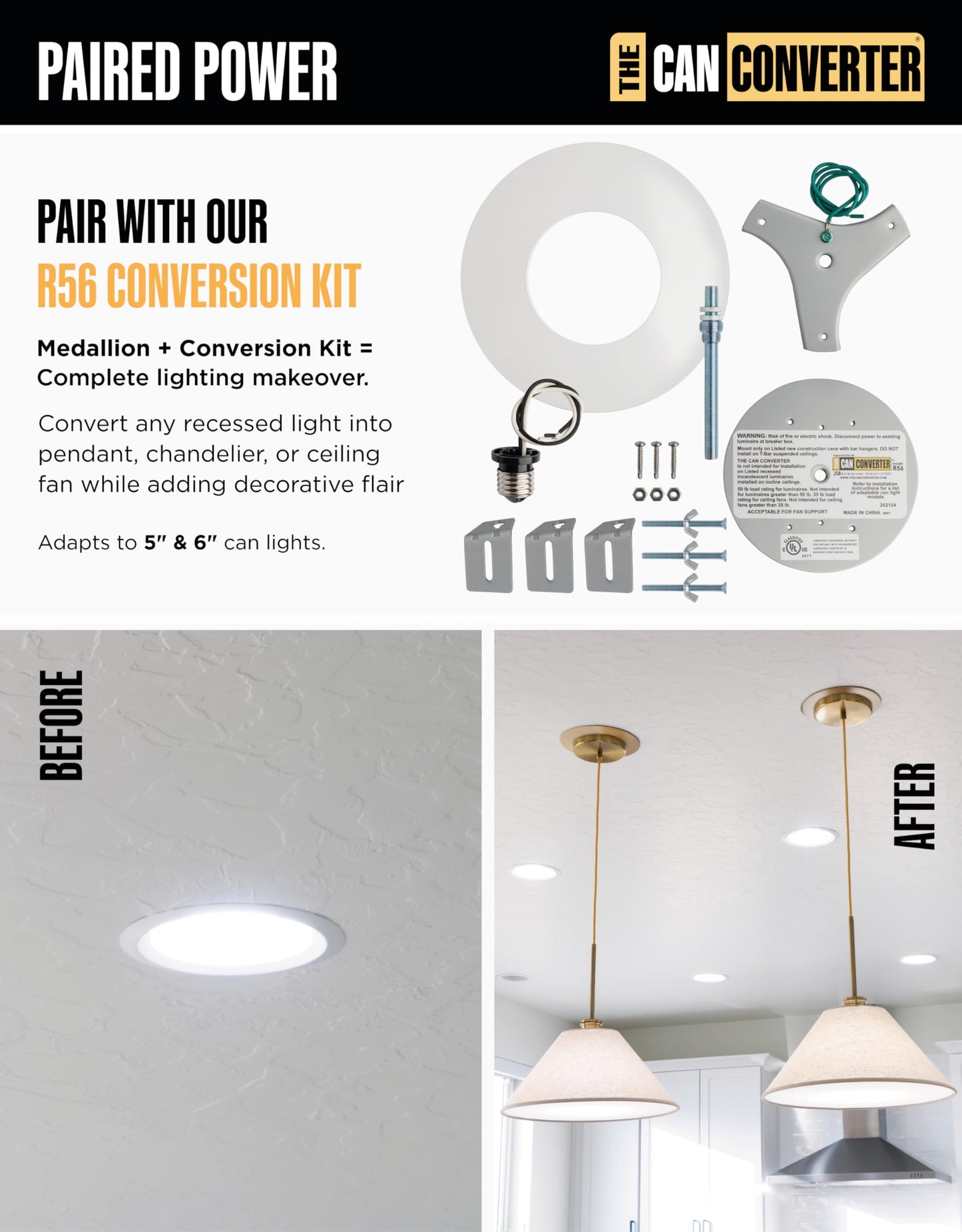 Can Converter Ceiling Medallion for 5" & 6" Recessed Lights – White Steel Decorative Cover Plate for Chandeliers & Pendants