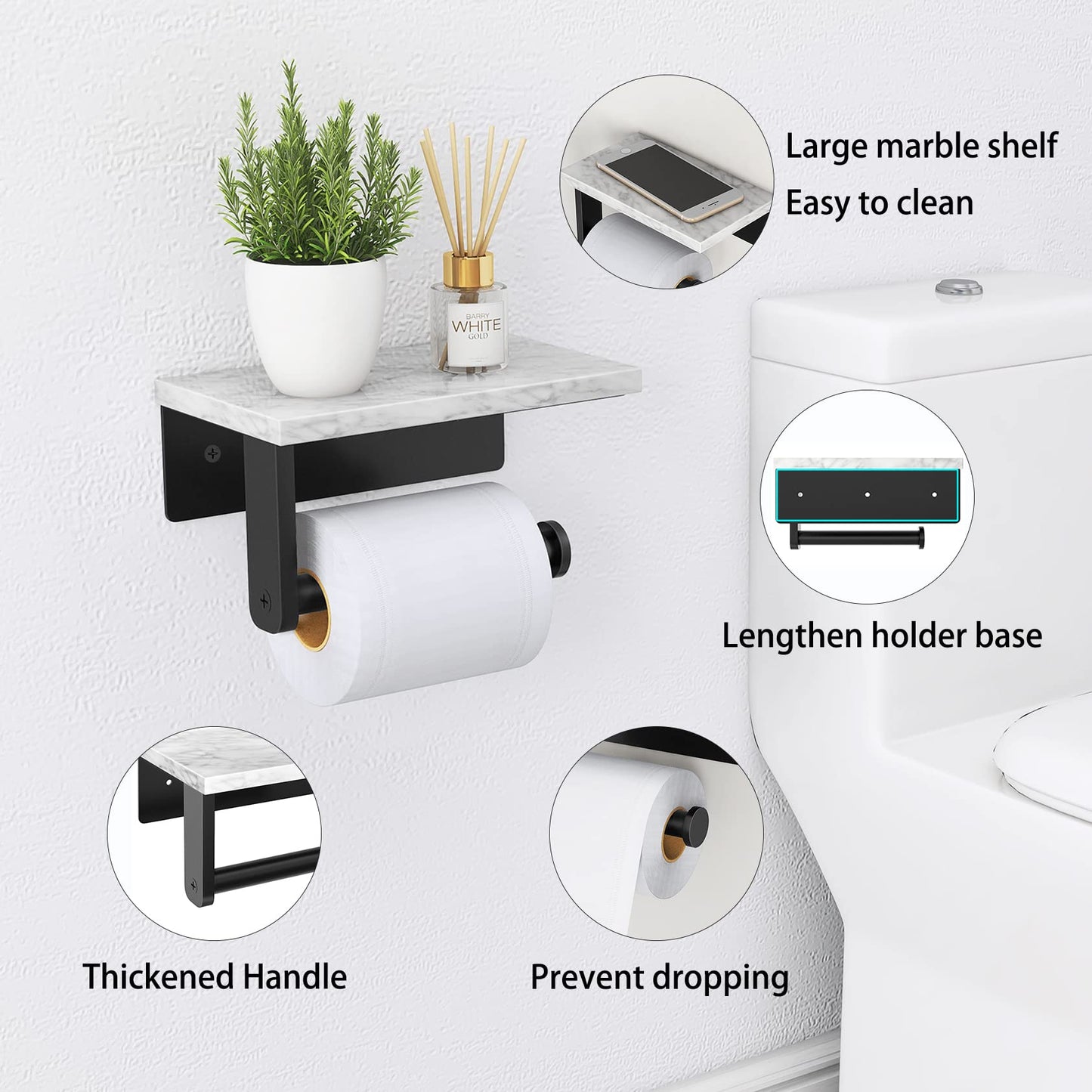 Gypie Marble Toilet Paper Holder with Shelf, 304 Stainless Steel Screw Wall Mounted, Tissue Roll Holder for Bathroom Washroom Matte Black