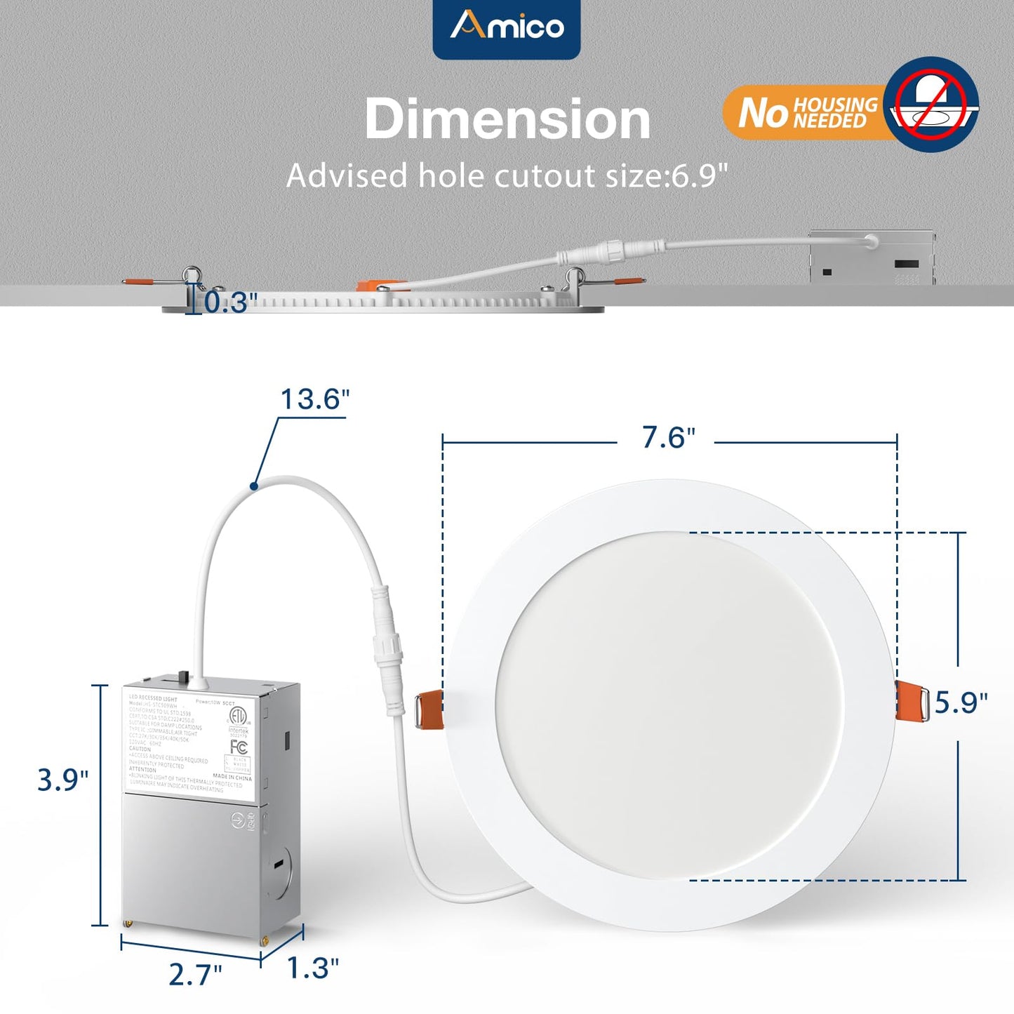Amico 12-Pack 7" Ultra-Thin LED Canless Recessed Ceiling Lights, 5CCT Dimmable 15W=100W 1300LM, Junction Box, ETL & FCC Certified