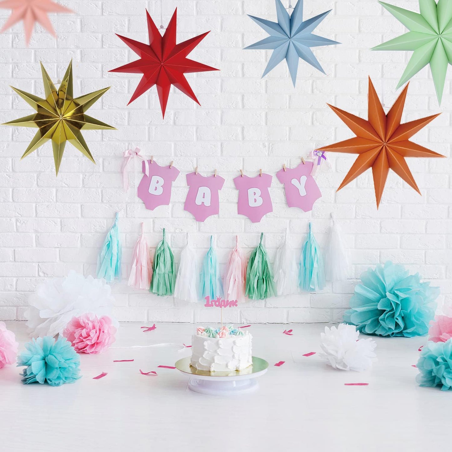 5-Pack 11.8” Gold 9-Point Paper Star Lanterns – Hanging Paper Lampshades for Christmas, Wedding, Birthday & Home Decor