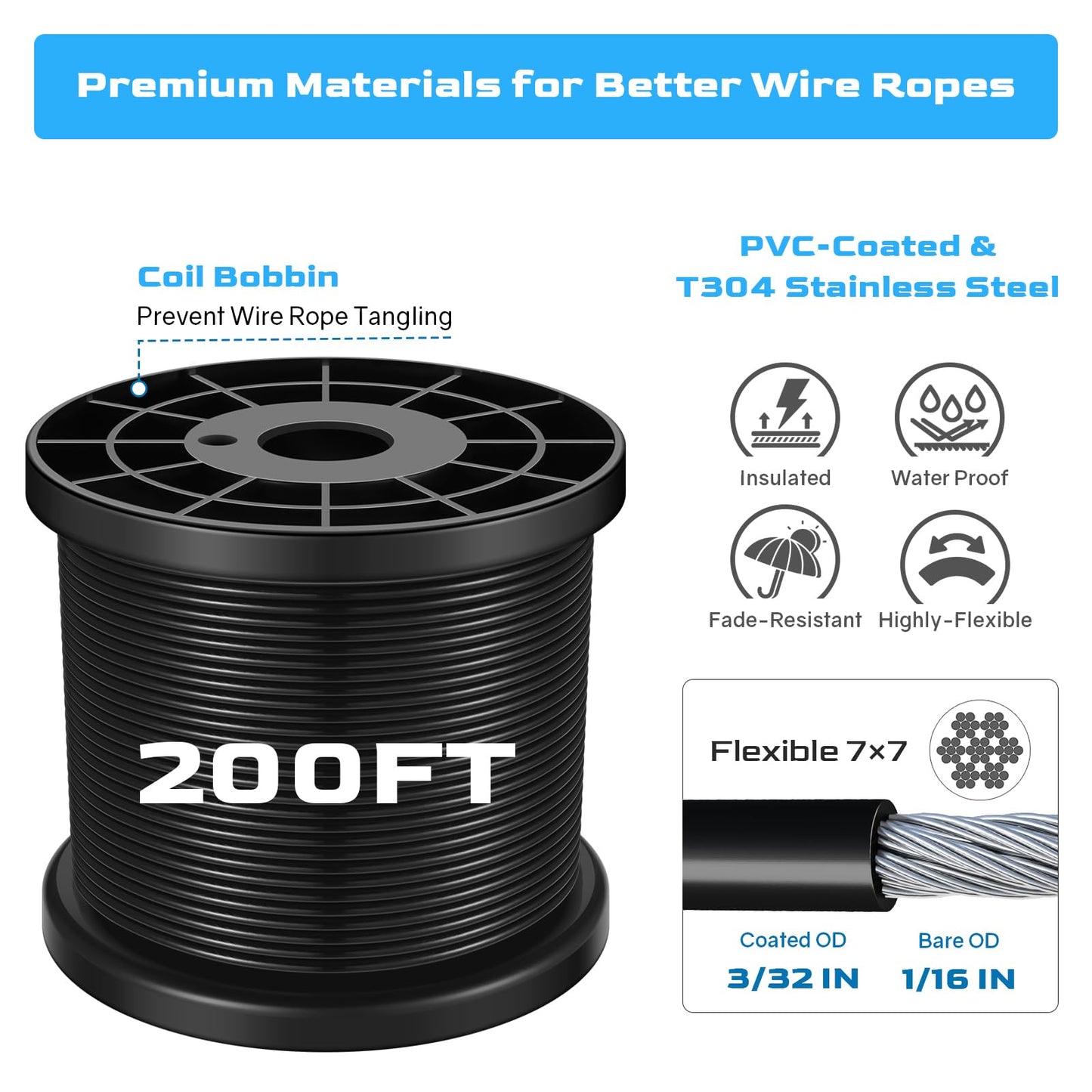 NEREUS 200 Ft String Light Hanging Kit - Vinyl-Coated 304 Stainless Steel Cable with Turnbuckles & Hooks for Patio & Backyard Lighting