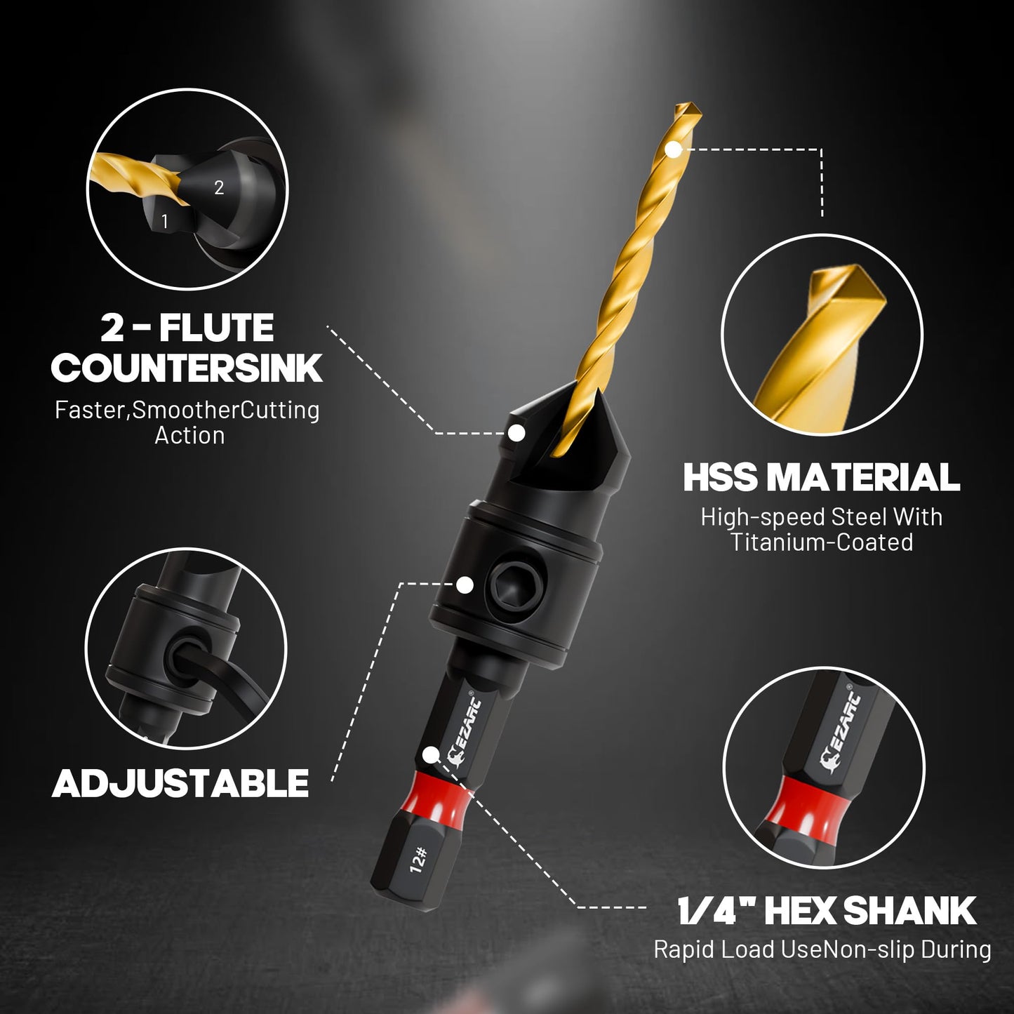 EZARC 12-Piece Adjustable Countersink Drill Bit Set, #4-#12, Magnetic Extension Holder, Woodworking Bits with Storage Box