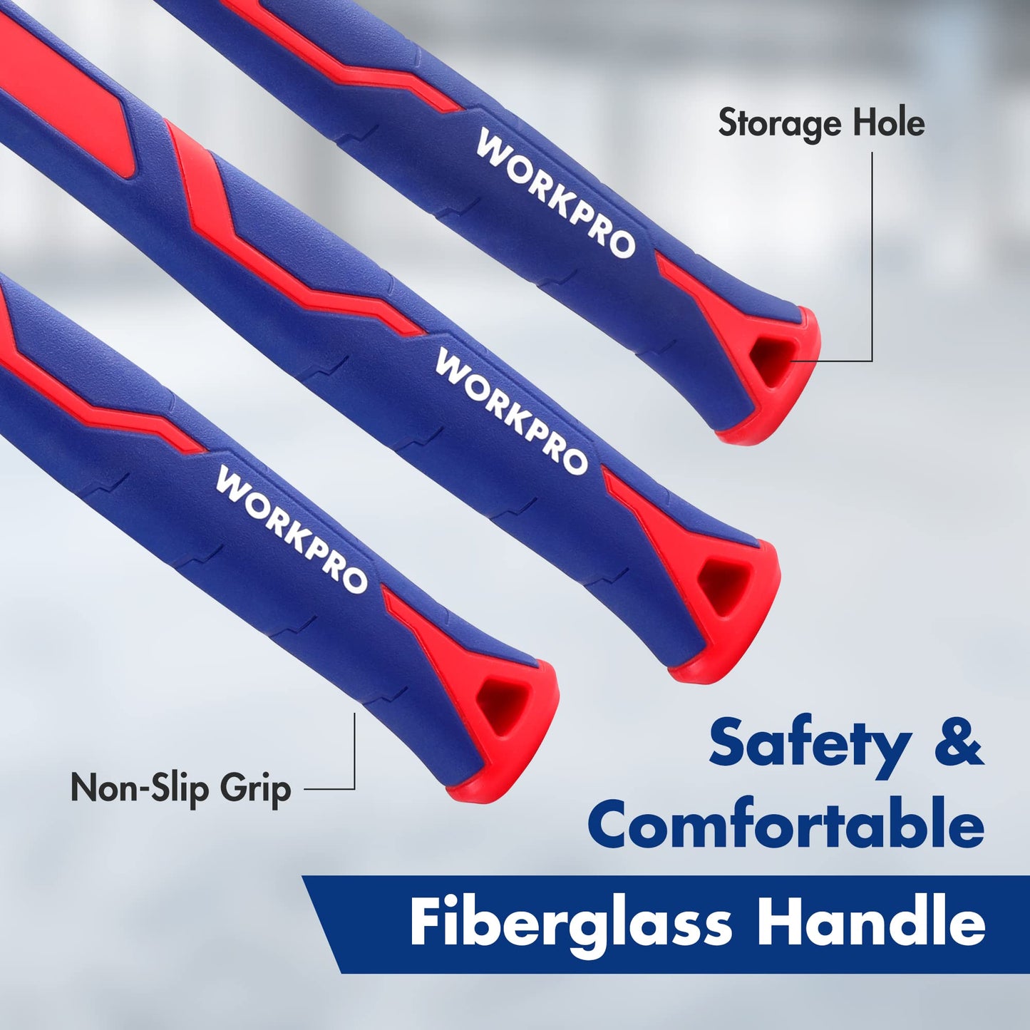 WORKPRO 5-Piece Hammer & Mallet Set – Forged Steel Heads, Fiberglass Handles: 32oz Rubber, 16oz Claw & Ball-Peen, 3lb Sledge, 22oz Double-Face