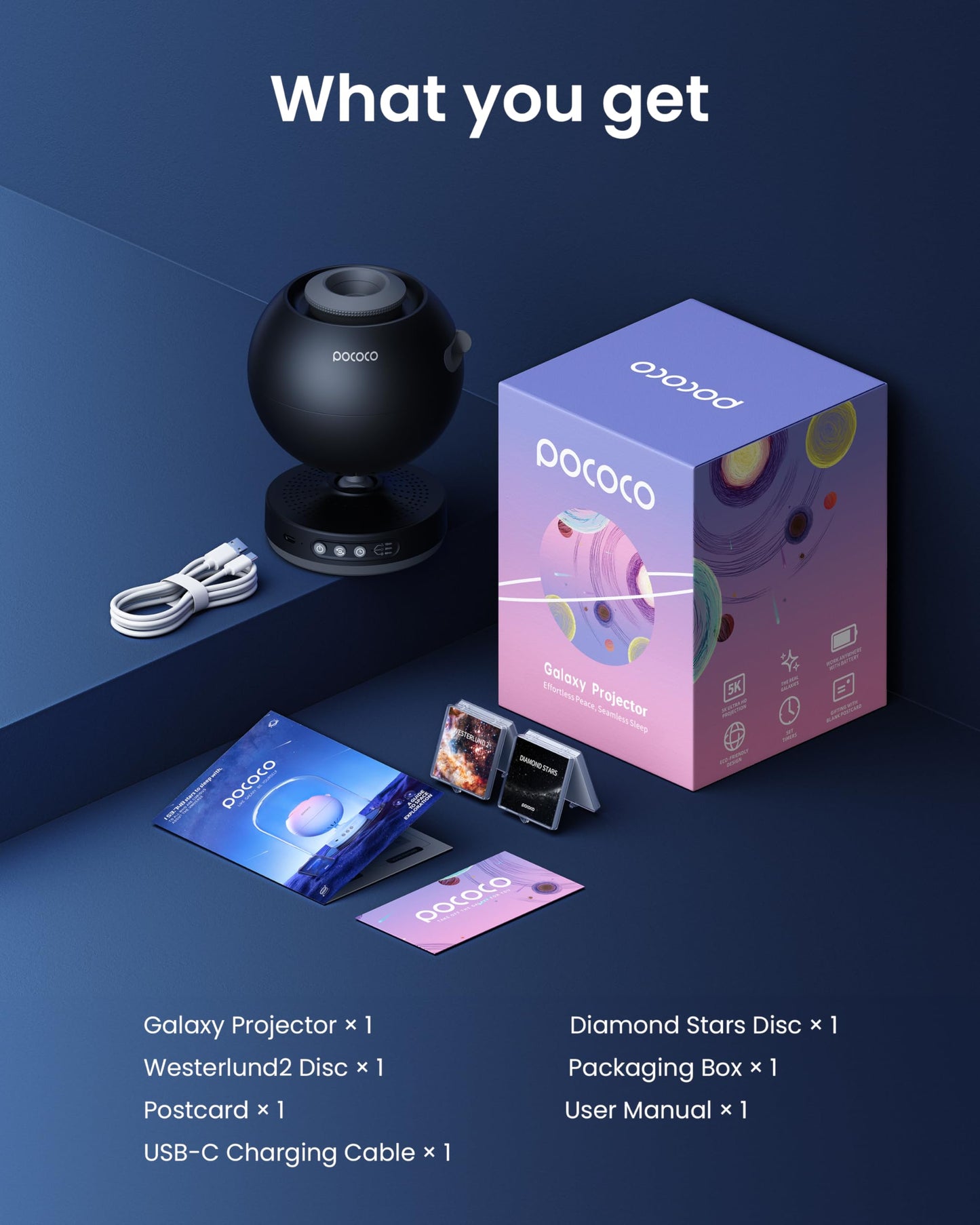 POCOCO Galaxy Star Projector for Bedroom – Home Planetarium Night Light with Replaceable Discs, HD Soft Light for Relax, Study & Stress Relief Gifts