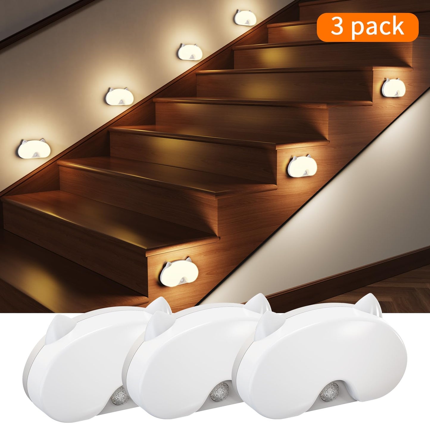 Blissfuhue 3-Pack Motion Sensor Stair Lights – Rechargeable, Magnetic, Wireless LED Step Lights for Hallway, Bedroom, Kitchen