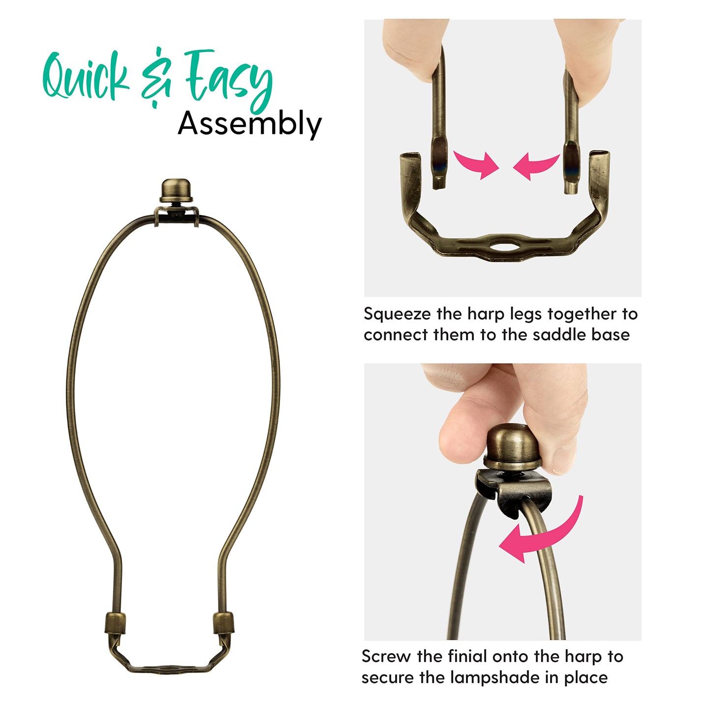 I Like That Lamp Harp Set 2-Pack, Antique Brass 9" with Saddle Holder, Finial & Converter for 10"-11" Table or Floor Lamps