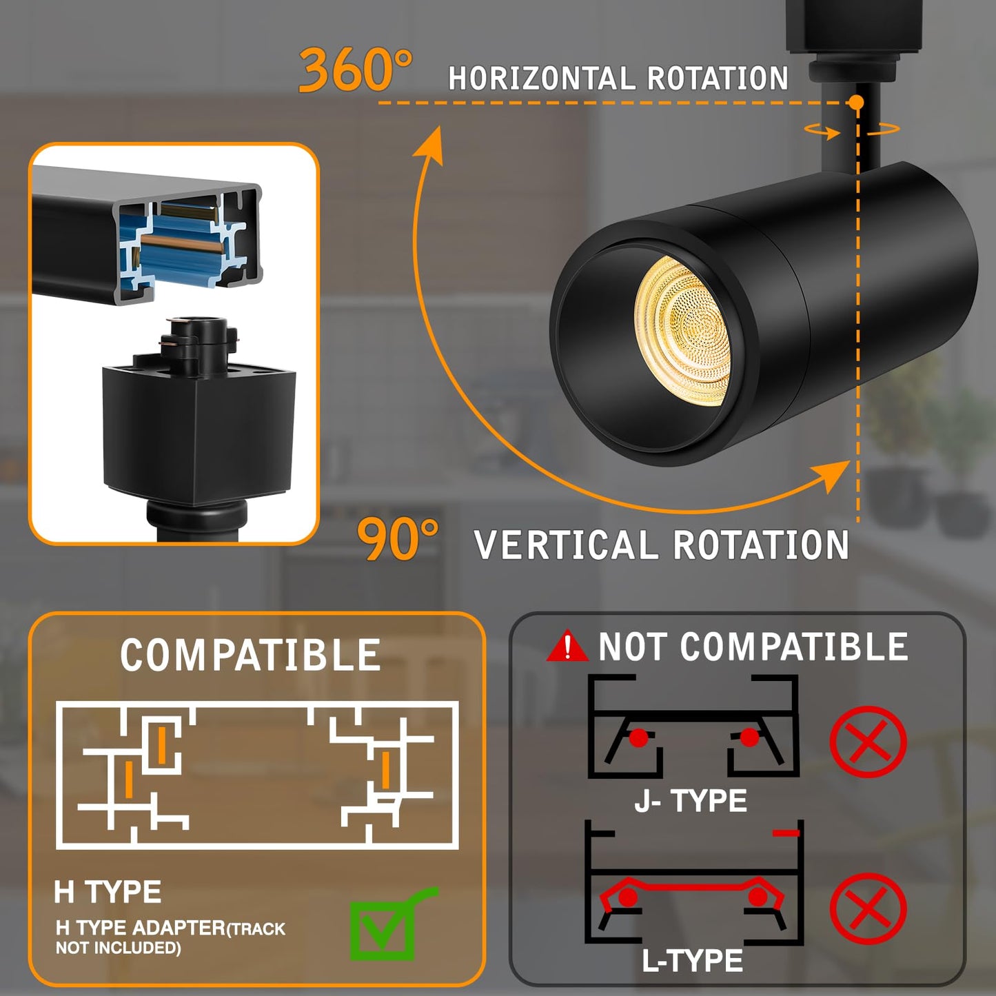 2025 Upgraded 10-Color Zoomable 12W LED Track Lights, Dimmable H-Track Spotlight 15°-60°, CRI90, 1200lm, Remote, 4-Pack Black