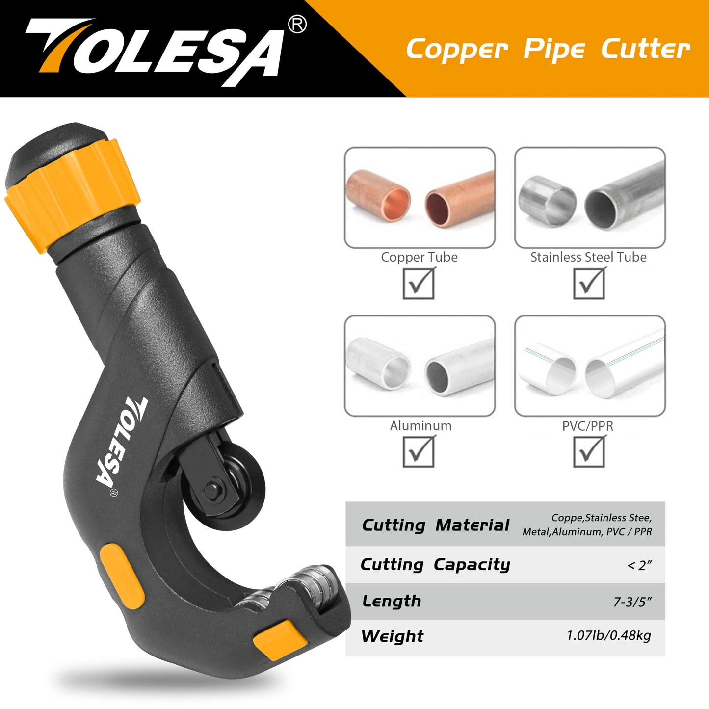 TOLESA Heavy Duty Pipe Cutter 3/16–2" (5–50mm) with Deburring Tool, Sharp Copper Tube Cutter for Stainless Steel, Aluminum & Brass