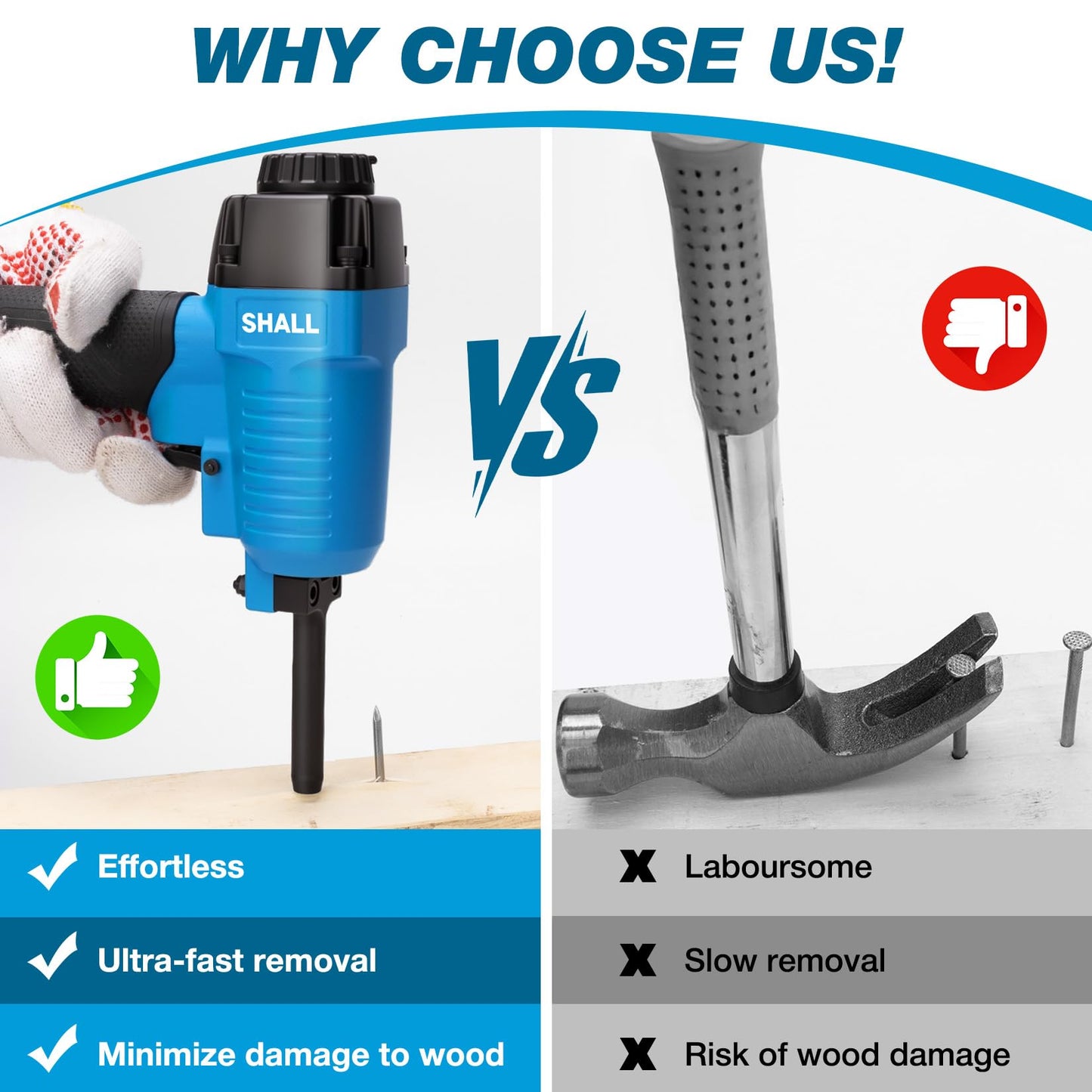 SHALL Pneumatic Nail Remover & 7.5" Pry Bar Set, Heavy-Duty Air Nailer, 9-16 Gauge Nail Puller, 60-100 PSI, 1/4" NPT Air Inlet