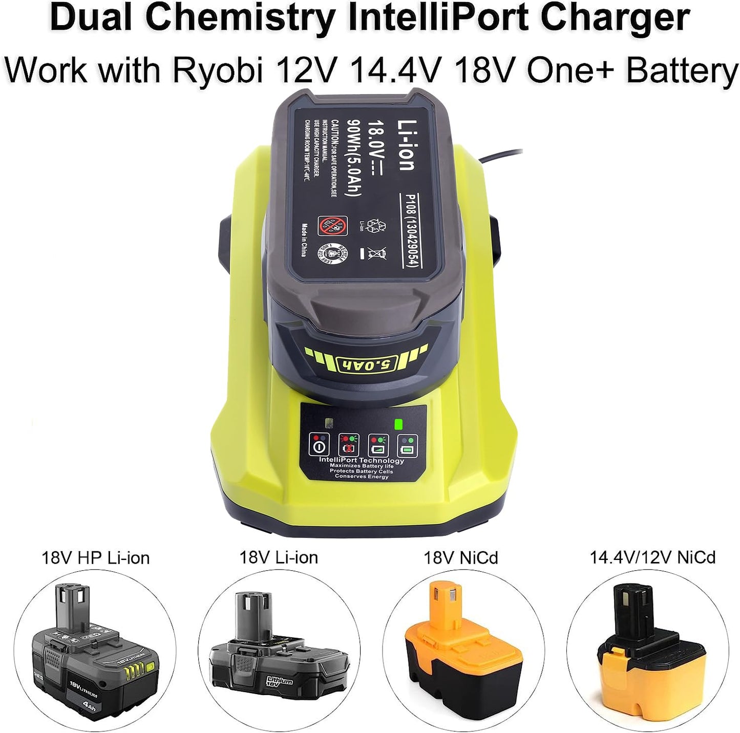 18V P117 Rapid Charger for Ryobi 12V-18V One+ Batteries, Compatible with Lithium-Ion, NiCad, NiMH – P102/P108/P189/P197/P103/P105/P107/P190/P191