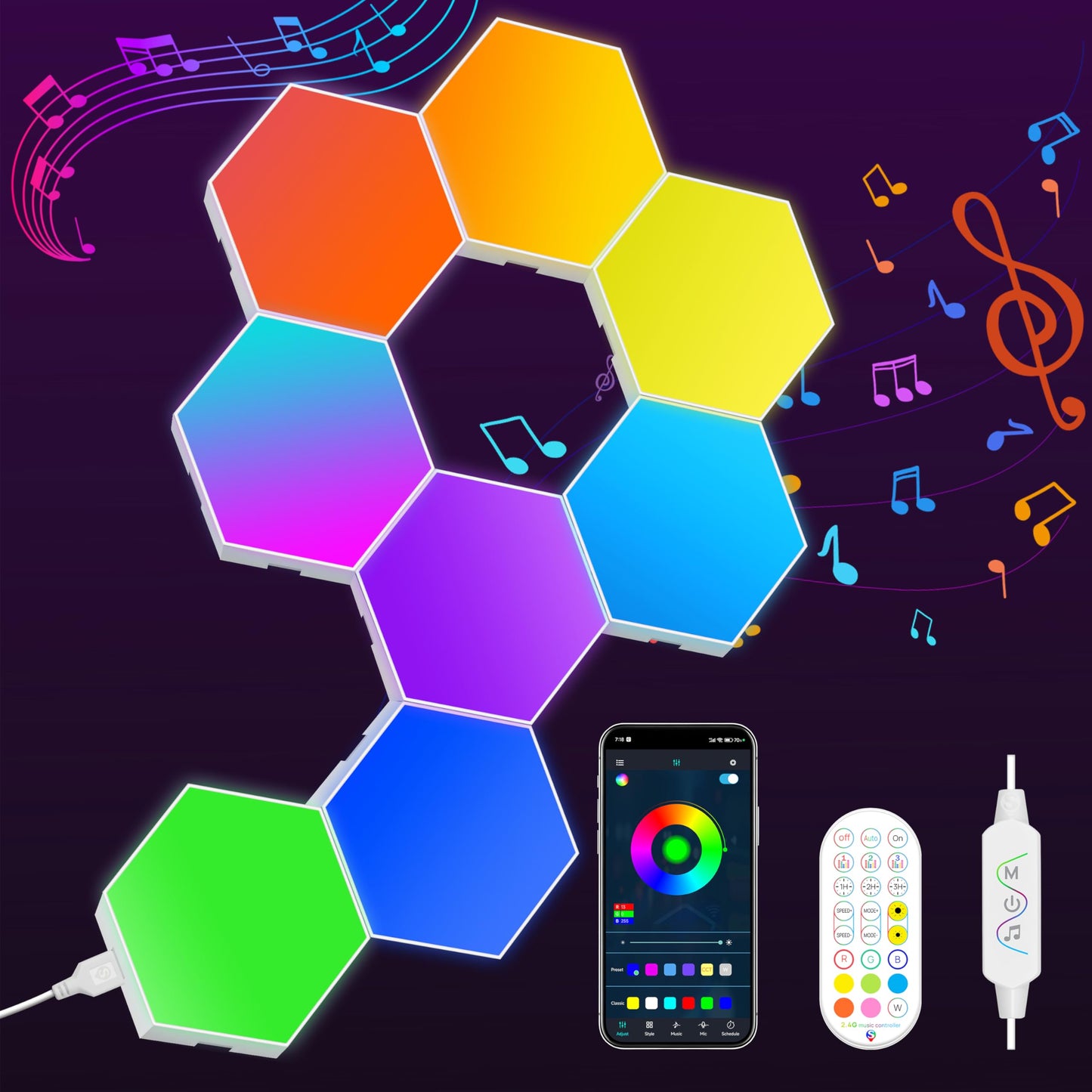 **KORORO Hexagon LED Lights, 8-Pack Smart App RGB Gaming Wall Lights with Remote, Music Sync Honeycomb Lights for Bedroom & Gaming Decor**