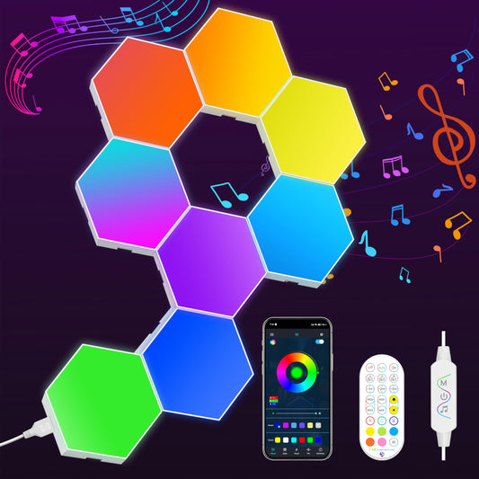 **KORORO Hexagon LED Lights, 8-Pack Smart App RGB Gaming Wall Lights with Remote, Music Sync Honeycomb Lights for Bedroom & Gaming Decor**