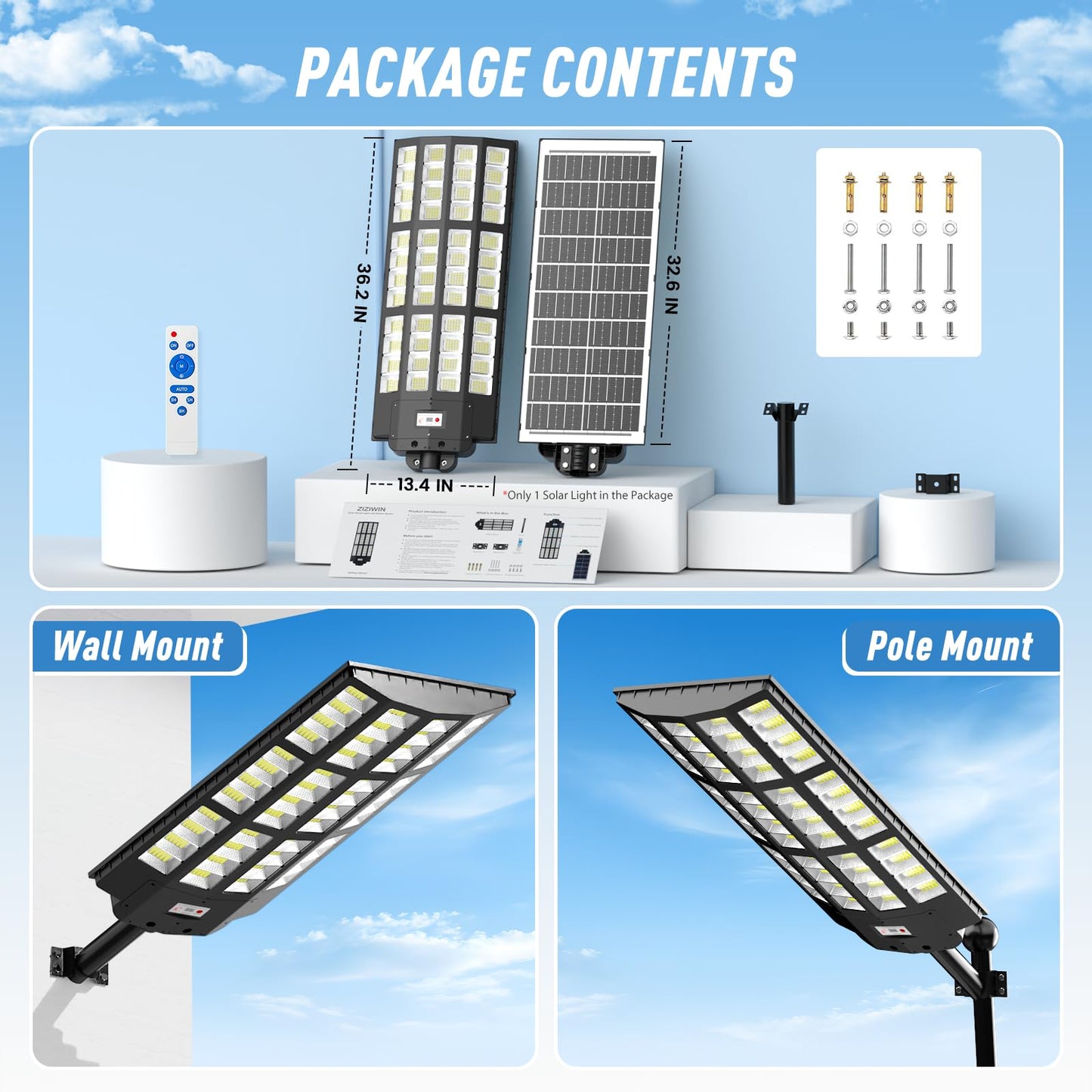 ZIZIWIN 15000W Solar Street Light Outdoor Waterproof, Motion Sensor & Remote, Heavy Duty Pole/Wall Mount for Yard, Driveway, Garage