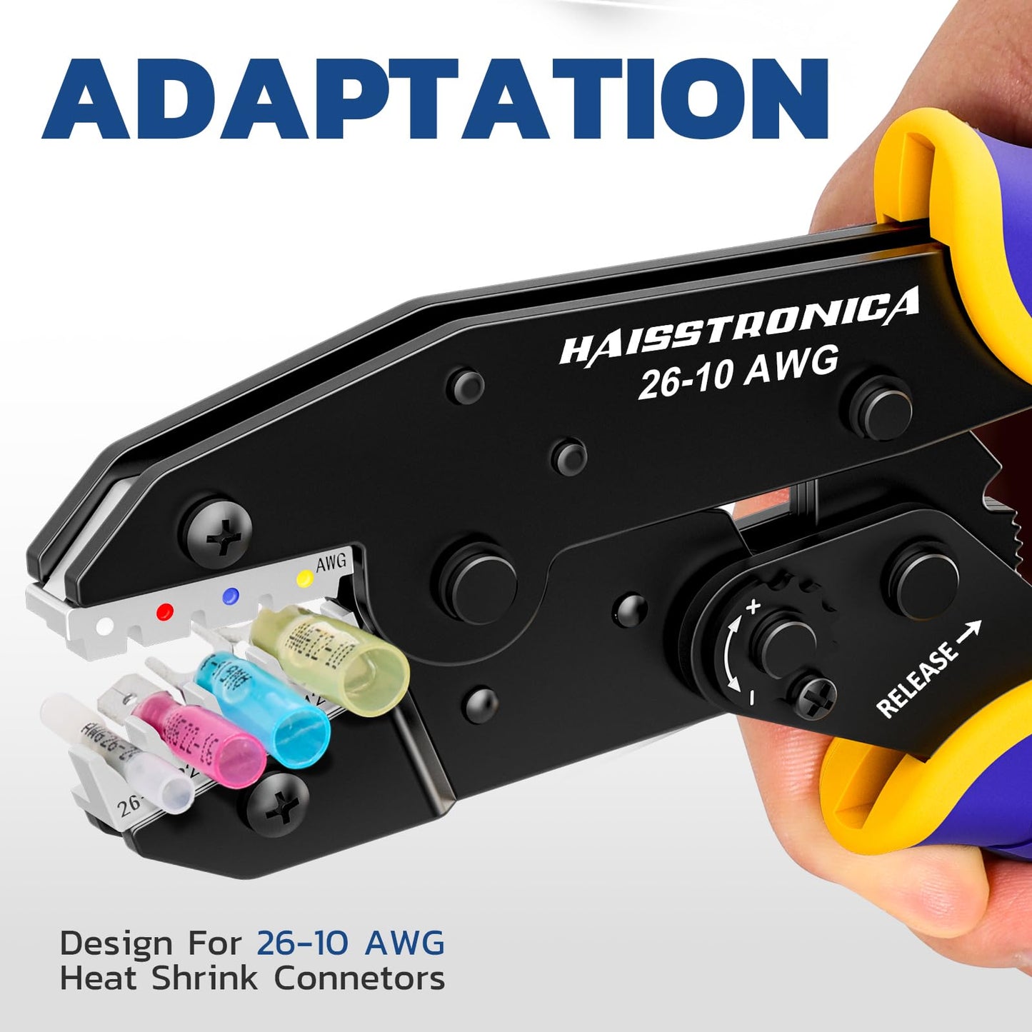 haisstronica Ratchet Crimping Tool for Heat Shrink Connectors, AWG 26-10, Insulated Nylon & Electrical Wire Terminals HS-8327