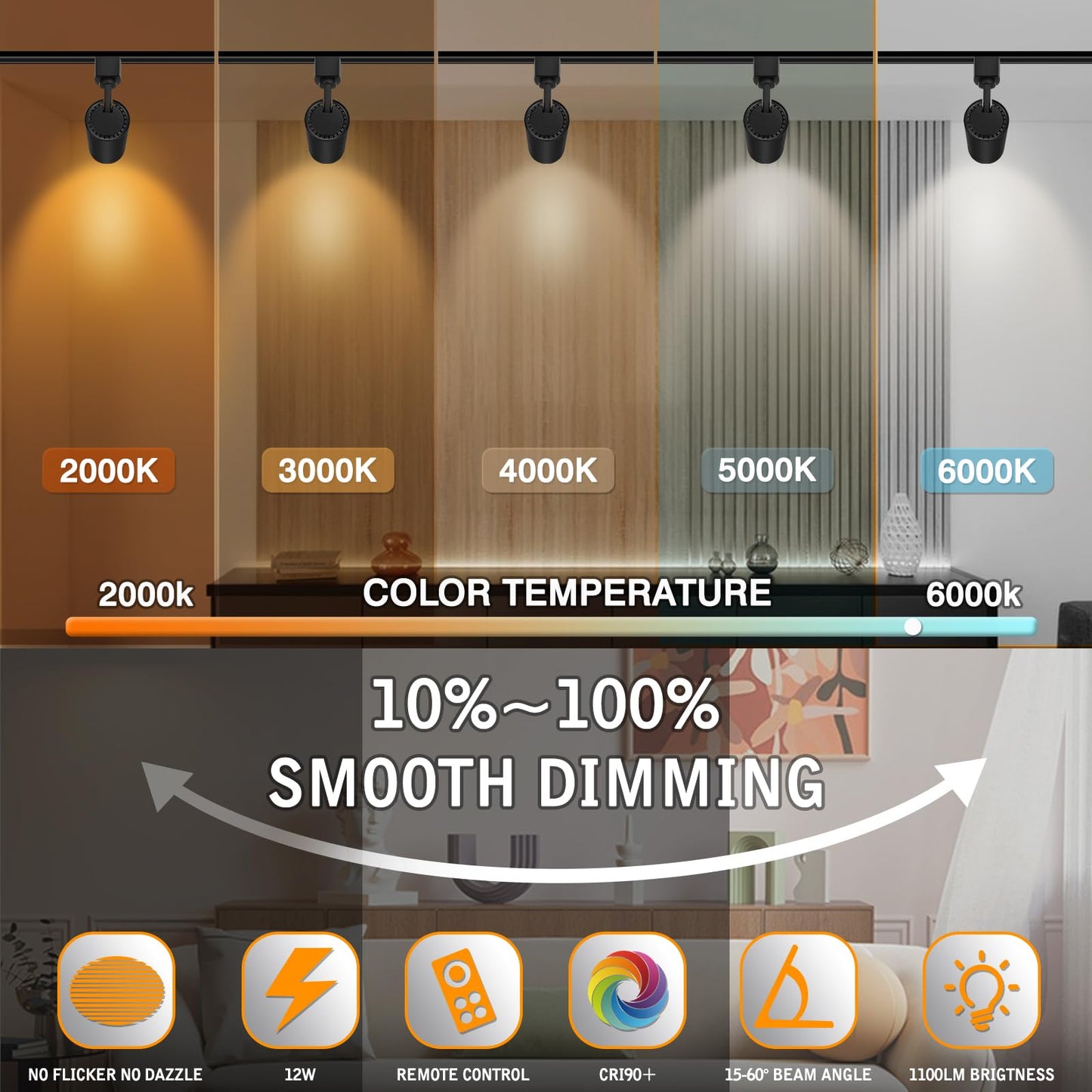 2025 Upgraded 10-Color Zoomable 12W LED Track Lights, Dimmable H-Track Spotlight 15°-60°, CRI90, 1200lm, Remote, 4-Pack Black