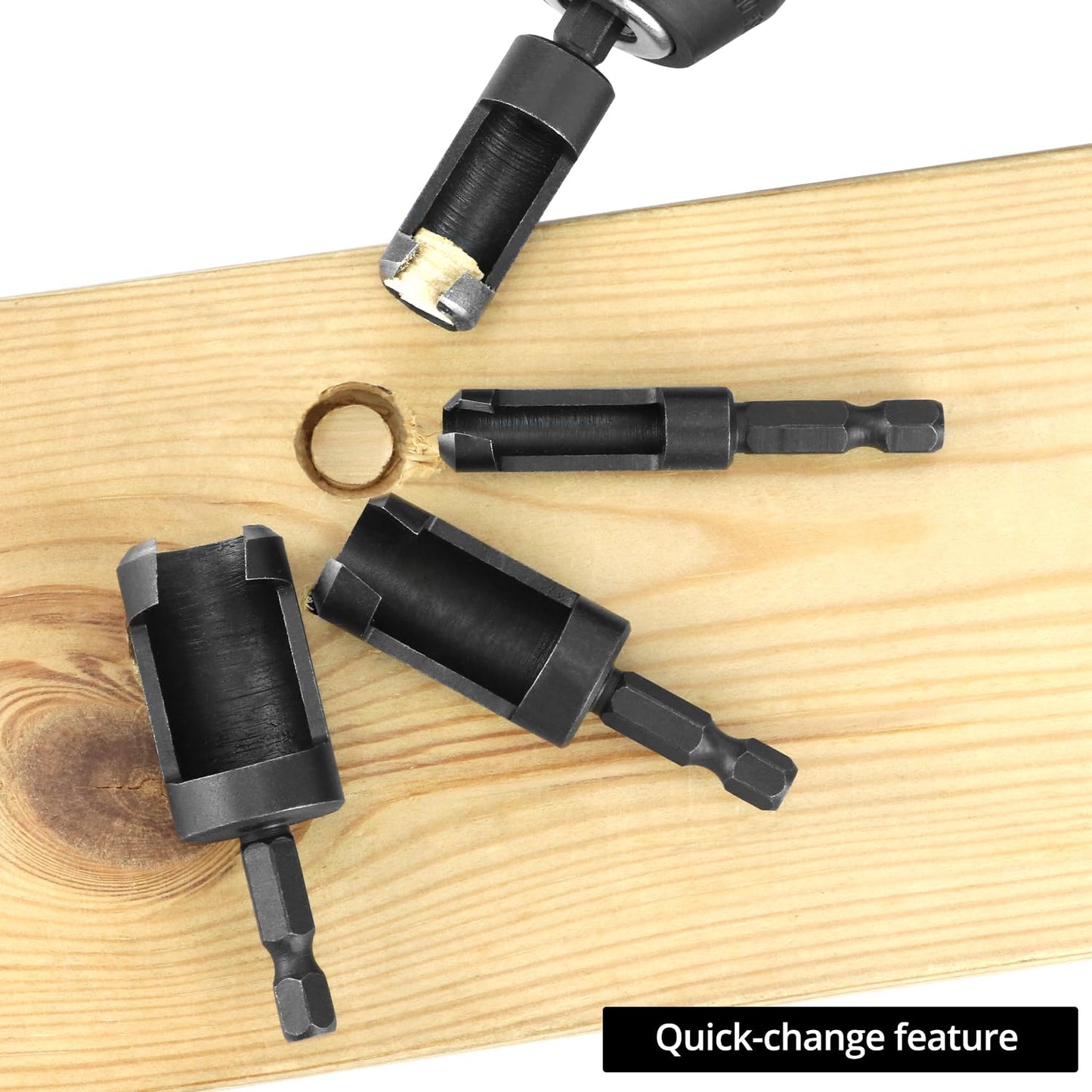 QWORK Wood Plug Cutter Drill Bit Set, 8Pcs, Includes 1/4", 5/16", 3/8", 1/2" Sizes, 1/4 Inch Hex Shank