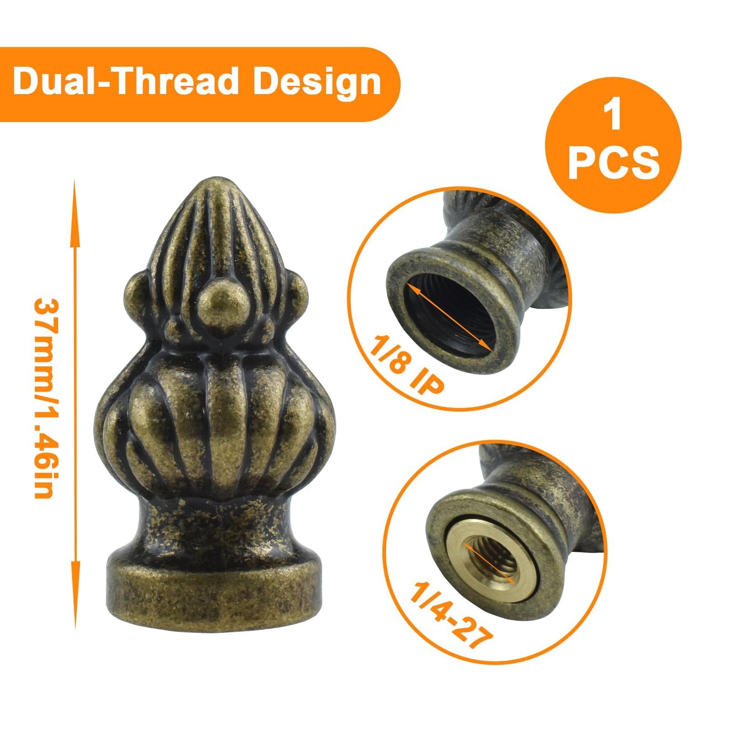 MARRTEUM Antique Brass Lamp Finial Cap Knob Retro Lamp Finial Decoration with Dual-Thread Screw for Lamp Shade, Fit Both 3/8" and 1/4-27, 1 Pack