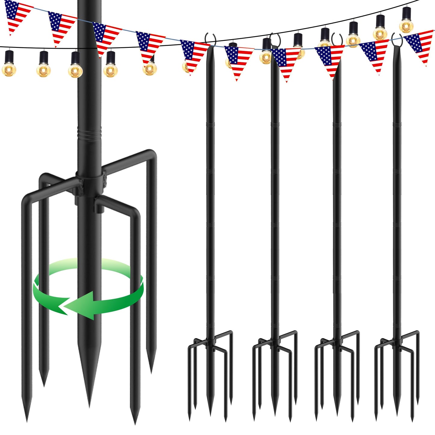 4-Pack 9.3ft Outdoor String Light Poles with Forks – Metal Hanging Posts for Patio, Garden, Backyard, Yard & Porch Decorations
