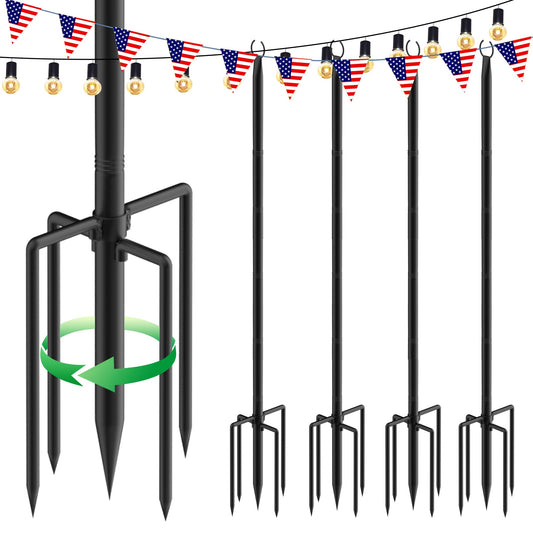 4-Pack 9.3ft Outdoor String Light Poles with Forks – Metal Hanging Posts for Patio, Garden, Backyard, Yard & Porch Decorations