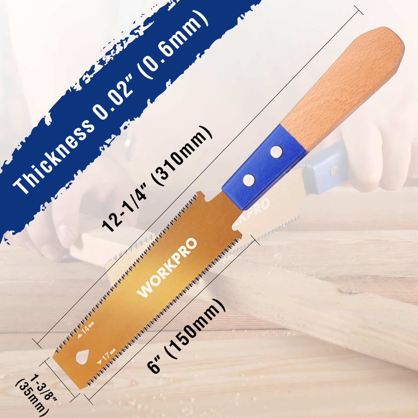 WORKPRO 6" Japanese Pull Saw, Double-Edged SK5 Blade, 14 & 17 TPI, Non-Slip Beech Handle, Narrow Head for Precision Wood Cutting