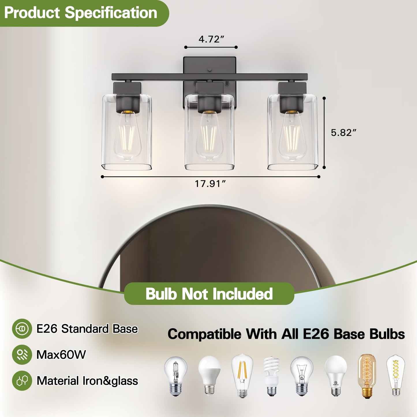 Espird Matte Black 3-Light Bathroom Vanity Light, Square Wall Sconce with Clear Glass Shades, UL Certified, E26 Socket (Bulbs Not Included)