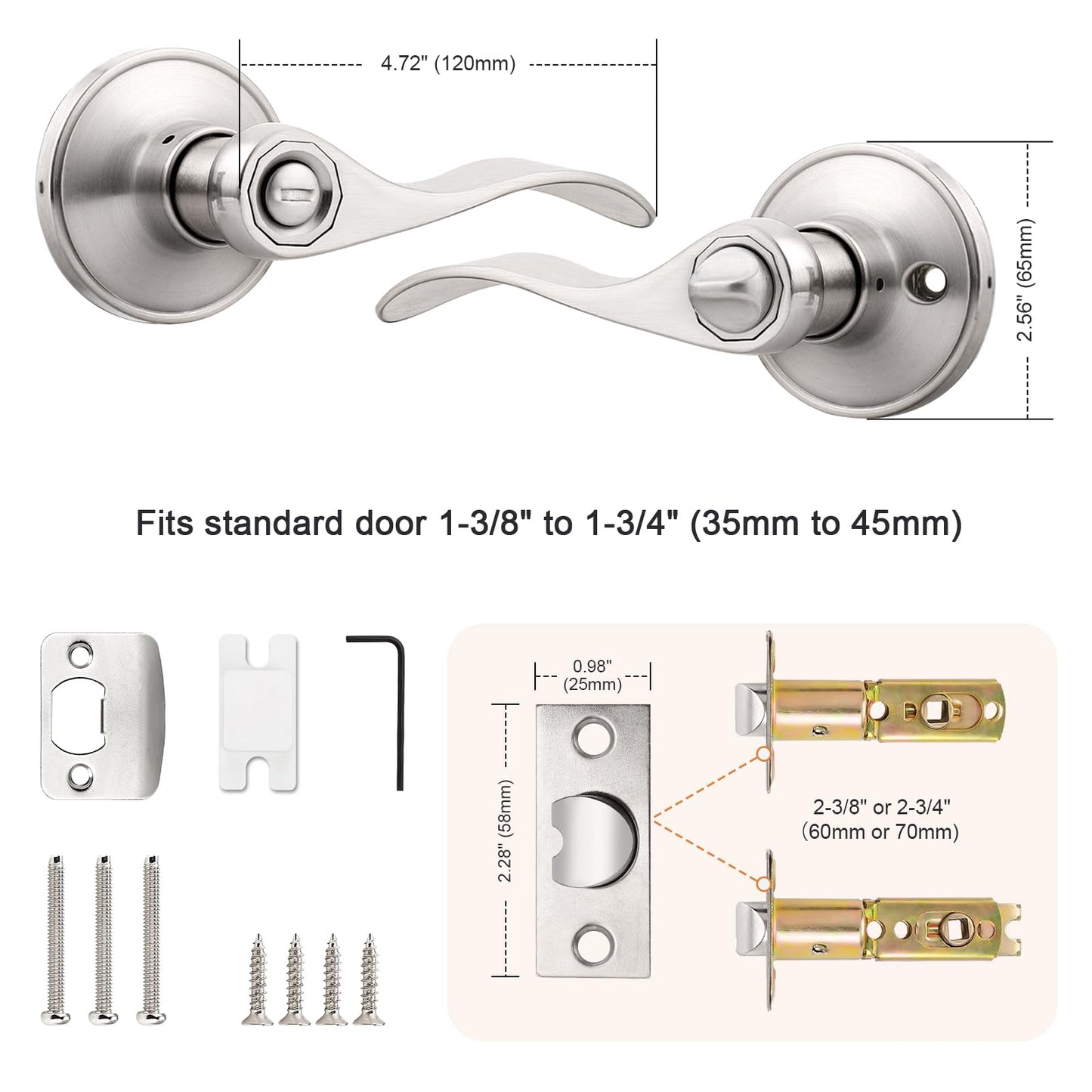 Probrico Privacy Door Levers Interior Door Handles Levers, Wave Style Bed Bath Door Handles Lock Keyless, Satin Nickel Door Lever Lockset 6 Pack