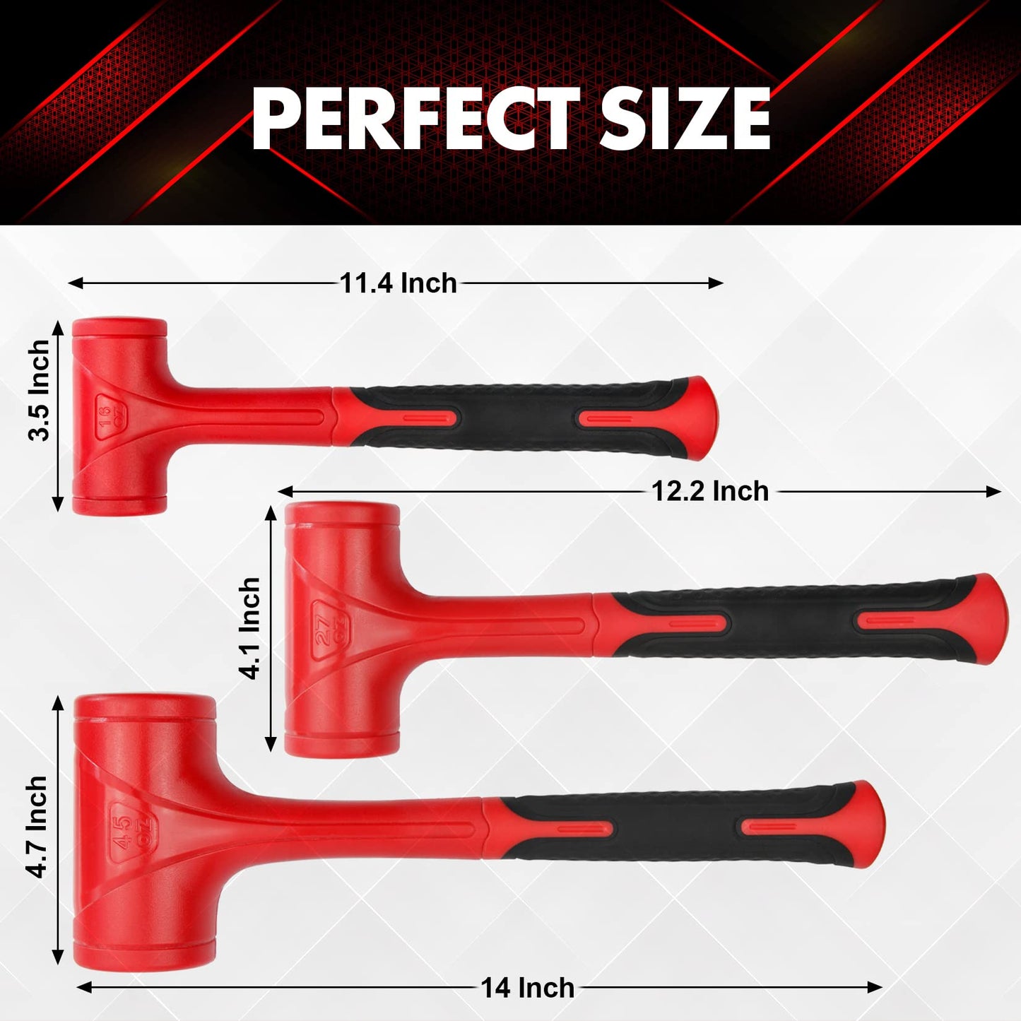 YIYITOOLS 3-Piece Dead Blow Hammer Set, 1-3LB, Shockproof Non-Rebound Mallet with Checkered Grip, Red & Black (YY-3-013)