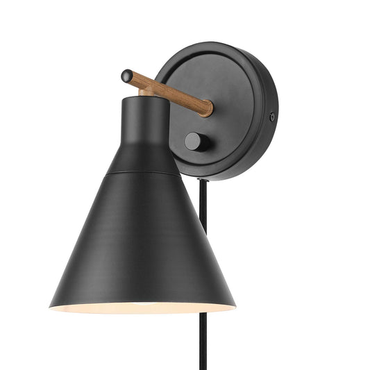 GLOBE Electric 51725 1-Light Wall Sconce, Matte Black & Faux Walnut, Dimmable Plug-In or Hardwire, Stepless Rotary Switch, Bulb Not Included