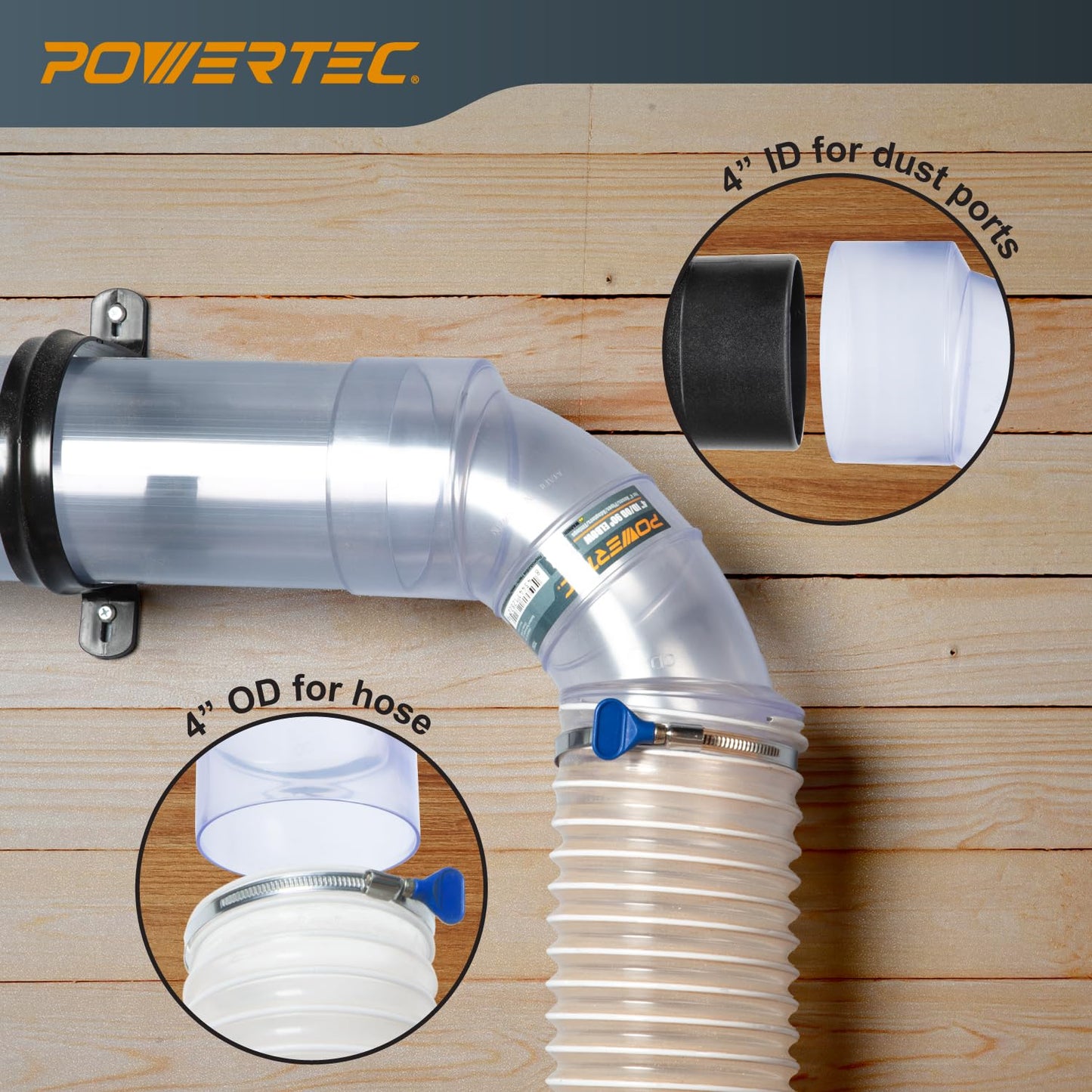 POWERTEC 4 Inch ID/OD 90 Degree Elbow for 4 Inch Dust Collection Pipes, Hoses, and Fittings, Clear, 1 Pack