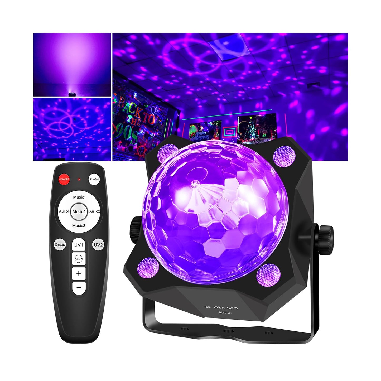 DJPTYGCK 2-in-1 Glow Party Black Light Disco Ball, Sound Activated Strobe DJ Light for Halloween, Christmas & Birthday Parties
