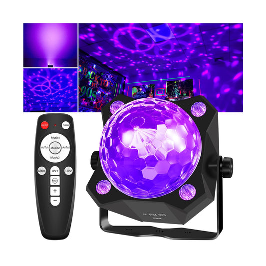 DJPTYGCK 2-in-1 Glow Party Black Light Disco Ball, Sound Activated Strobe DJ Light for Halloween, Christmas & Birthday Parties