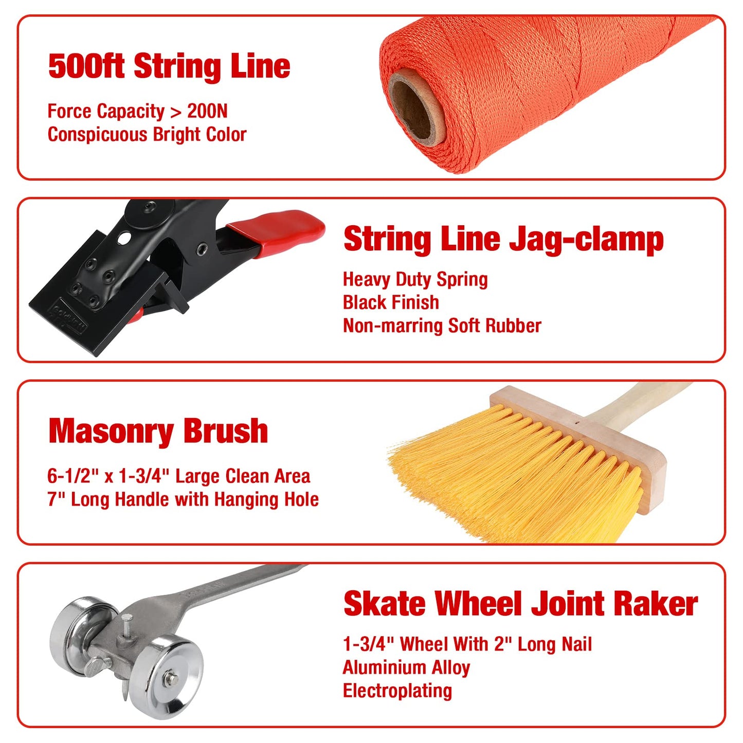 Goldblatt 12PC Masonry Hand Tool Set with Tool Bag – Trowels, Brick Jointer, Raker, String Line, Jag-Clamp & Masonry Brush