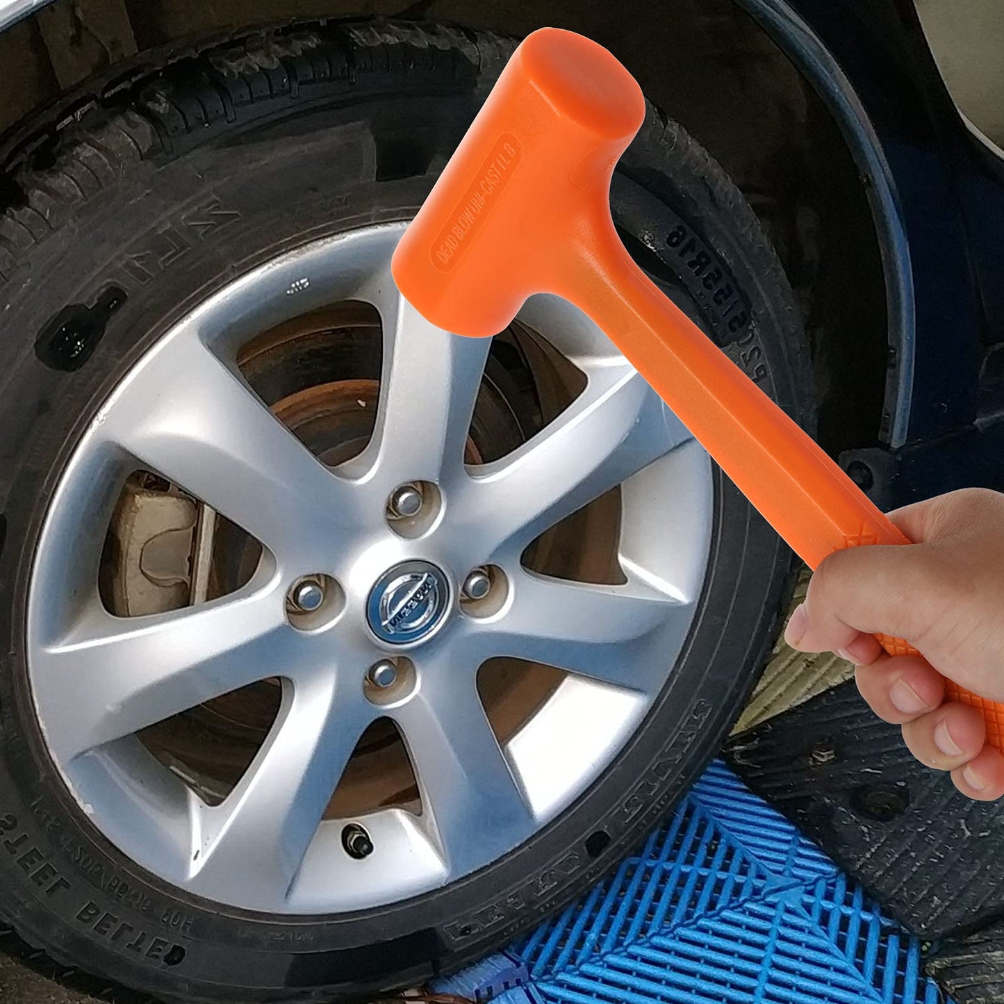 Acrux7 Dead Blow Hammer Set 2Pc, 1Lb Orange Neon Rubber Mallet, Non-Marring, Ball Peen, Checkered Grip, Spark & Rebound Resistant