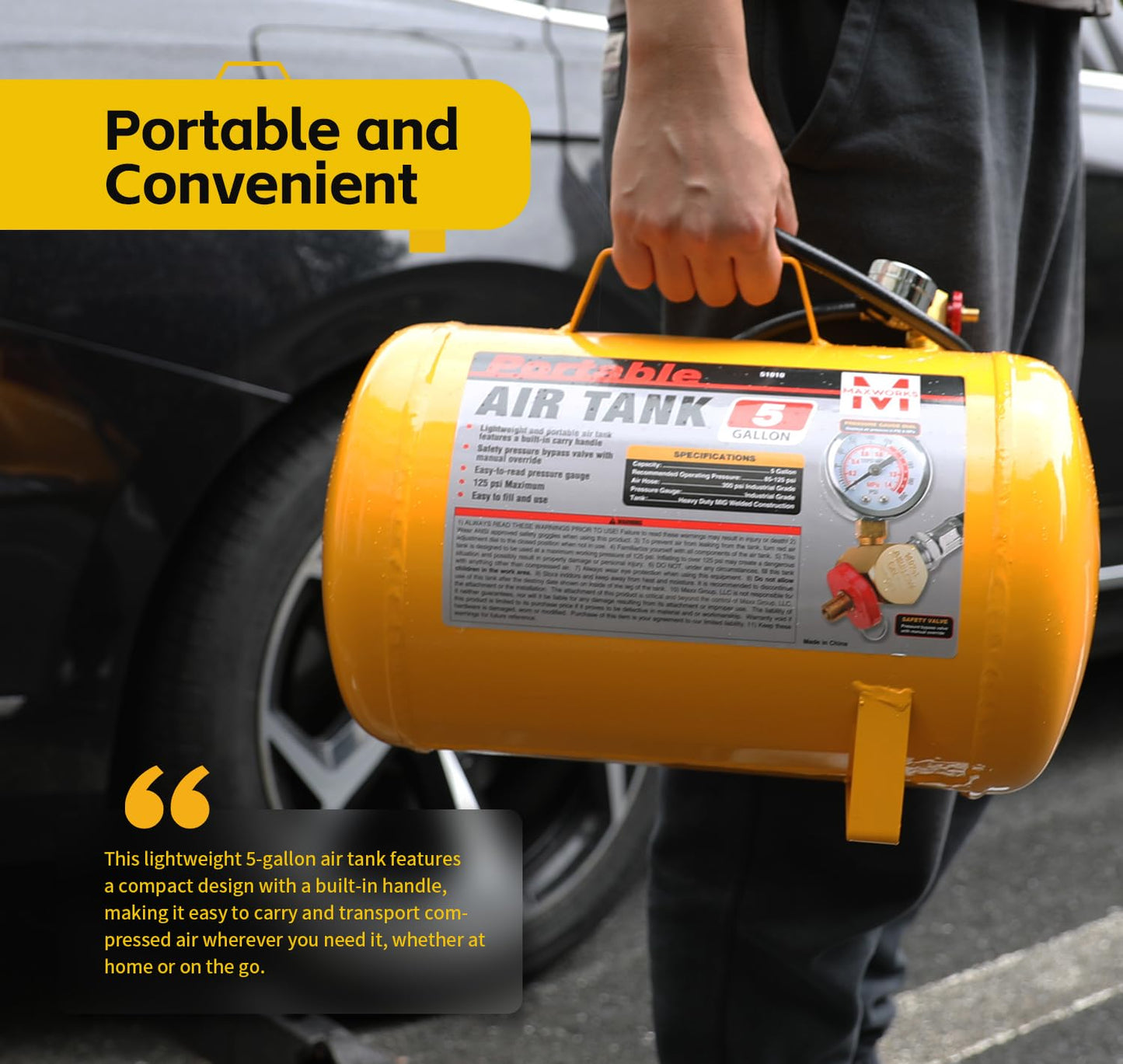 MaxWorks 51010 5 Gallon Portable Air Tank with Pressure Gauge, Safety Valve & 40" Hose, Lightweight Durable, 140 PSI Max