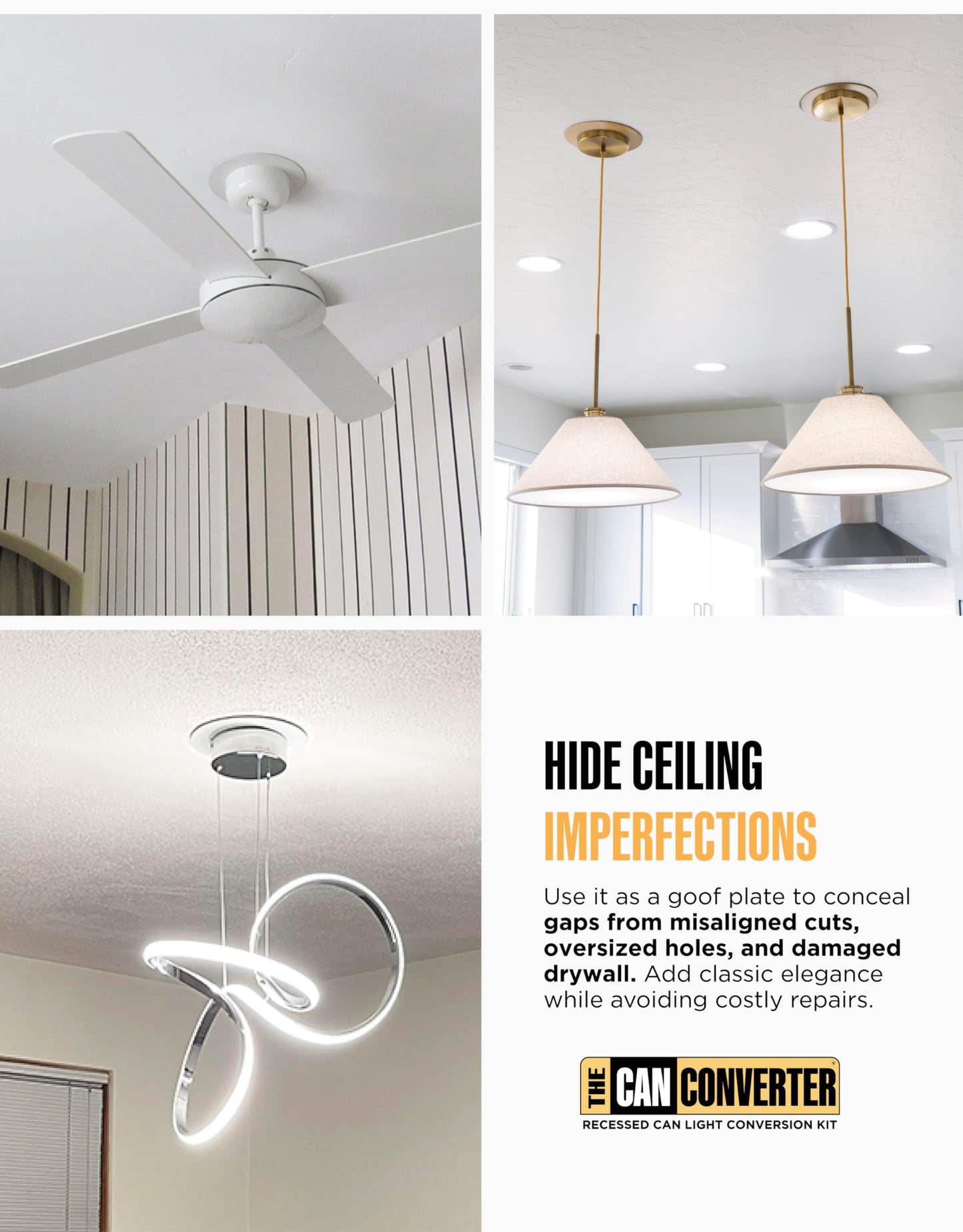 Can Converter Ceiling Medallion for 5"-6" Recessed Lights – Decorative Steel Beveled Goof Ring & Cover Plate, Brushed Brass