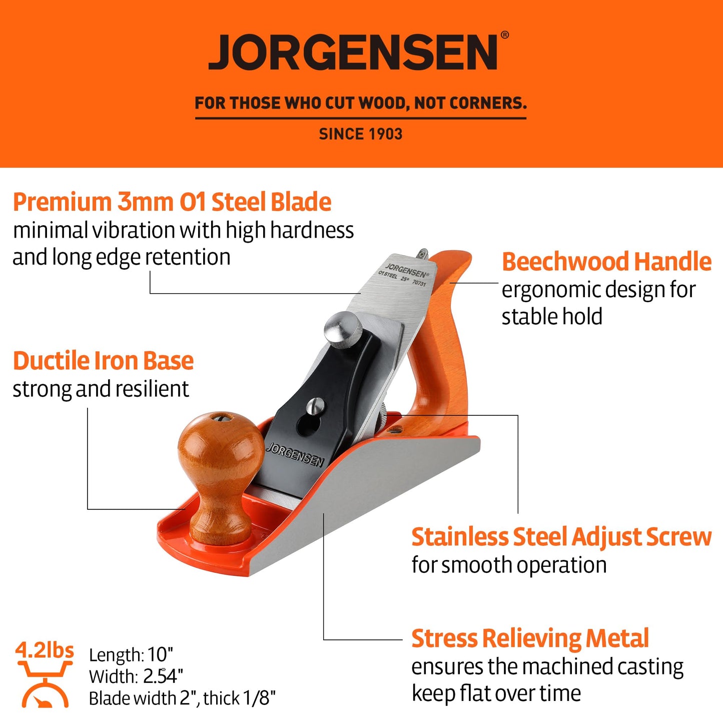 JORGENSEN No.4 10" Wood Hand Planer – Professional Smoothing Plane, Adjustable Depth, Ductile Iron Body for Woodworking & Craft