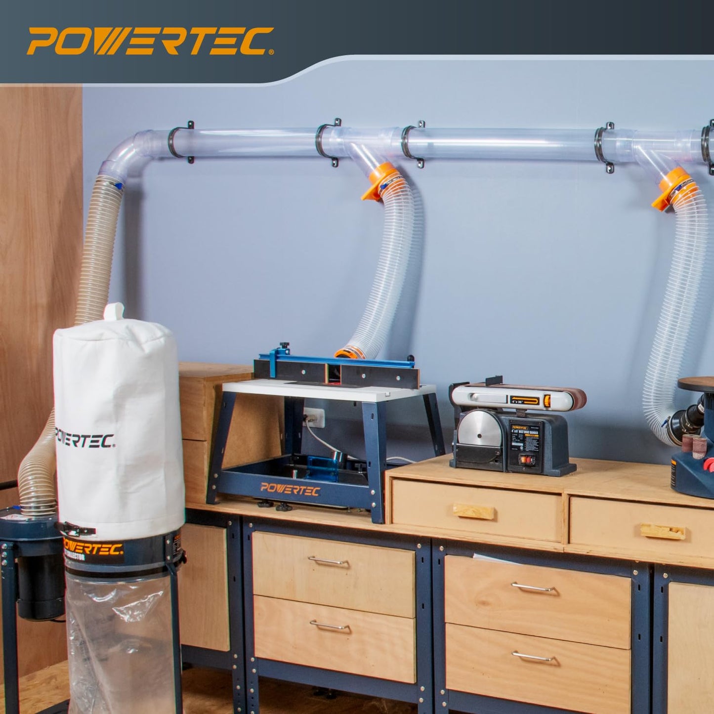 POWERTEC 70306 4" Dust Collection Fittings Kit with Hose Splice, Blast Gates, Pipes, 90° Elbow, Y-Fittings & Mounting Brackets