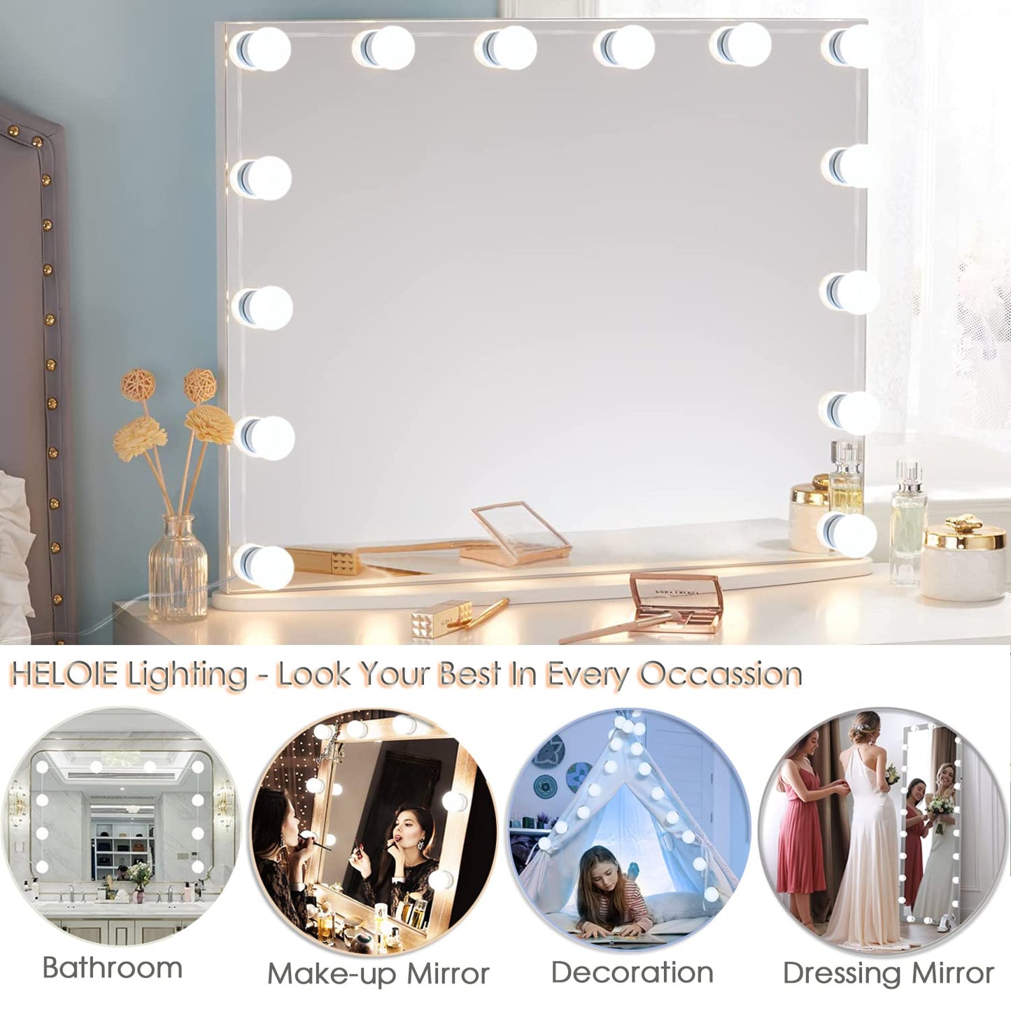 HELOIE 22.6ft Led Vanity Mirror Lights with 14 Dimmable Light Bulbs Makeup Vanity Lights for Big Long Mirror,Mirror Not Included