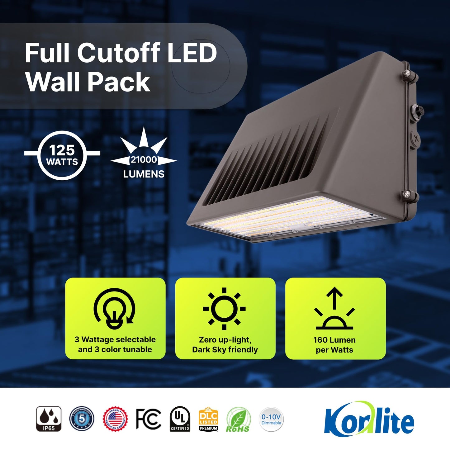 Konlite 125W/105W/76W LED Wall Pack Light, Selectable Wattage & CCT, Full-Cutoff, 20,812LM, Energy-Efficient Outdoor Commercial Light