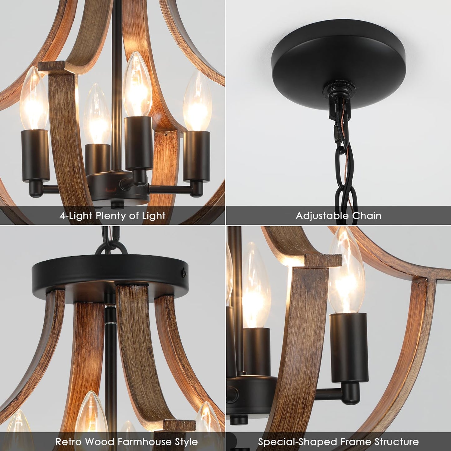 LAMPKEDUO Farmhouse Pendant Light, 4-Light Rustic Flush Mount Ceiling Fixture, Faux Wood Vintage Chandelier for Dining Room Kitchen