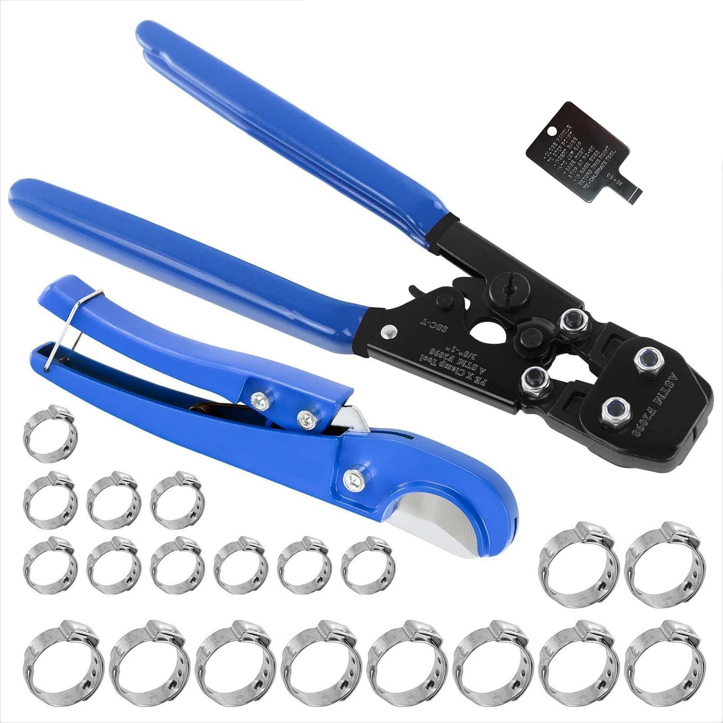 PEX Pipe Clamp Crimping Tool Kit with Cutter, Stainless Steel Clamps 3/8"-1", Includes 10x1/2" & 10x3/4" SS PEX Clamps