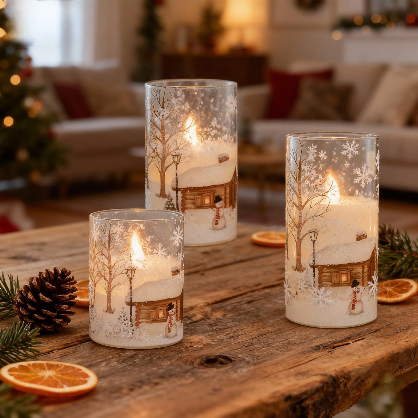 DRomance Snowman Glass Flameless Candles Set of 3 – Real Wax LED Flickering Pillar, Battery Operated with Remote & Timer, White Cold Light, 4/5/6 in