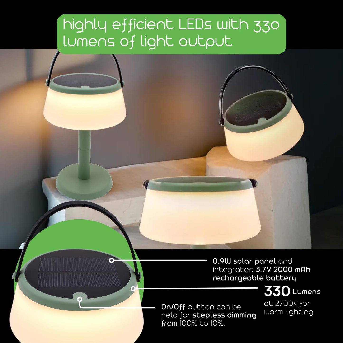 VerLuce 2-in-1 Solar LED Table Lamp & Lantern, Rechargeable, Stepless Dimming, 330lm, 2700K, IP44 Weatherproof, Green