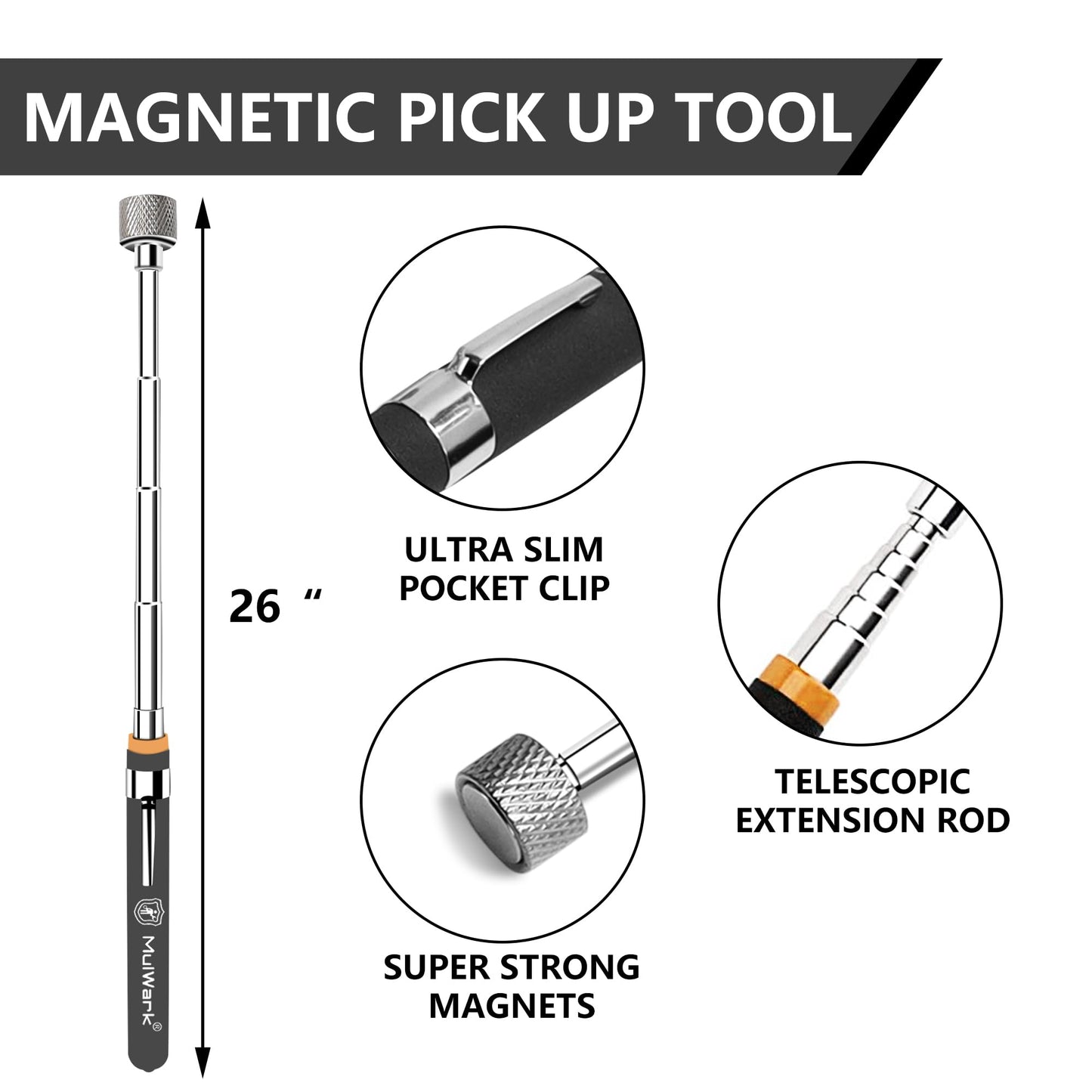 Mulwark 5-Piece Telescoping Magnetic Pickup Tool Set, Extendable 1.5–15LB Strong Pull Magnets with Rust-Proof Magnetic Tray for Mechanics, Automotive & DIY