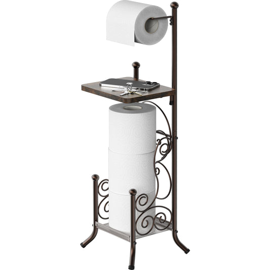 Simple Houseware English Style Bathroom Toilet Tissue Roll Holder Stand with Shelf, Bronze